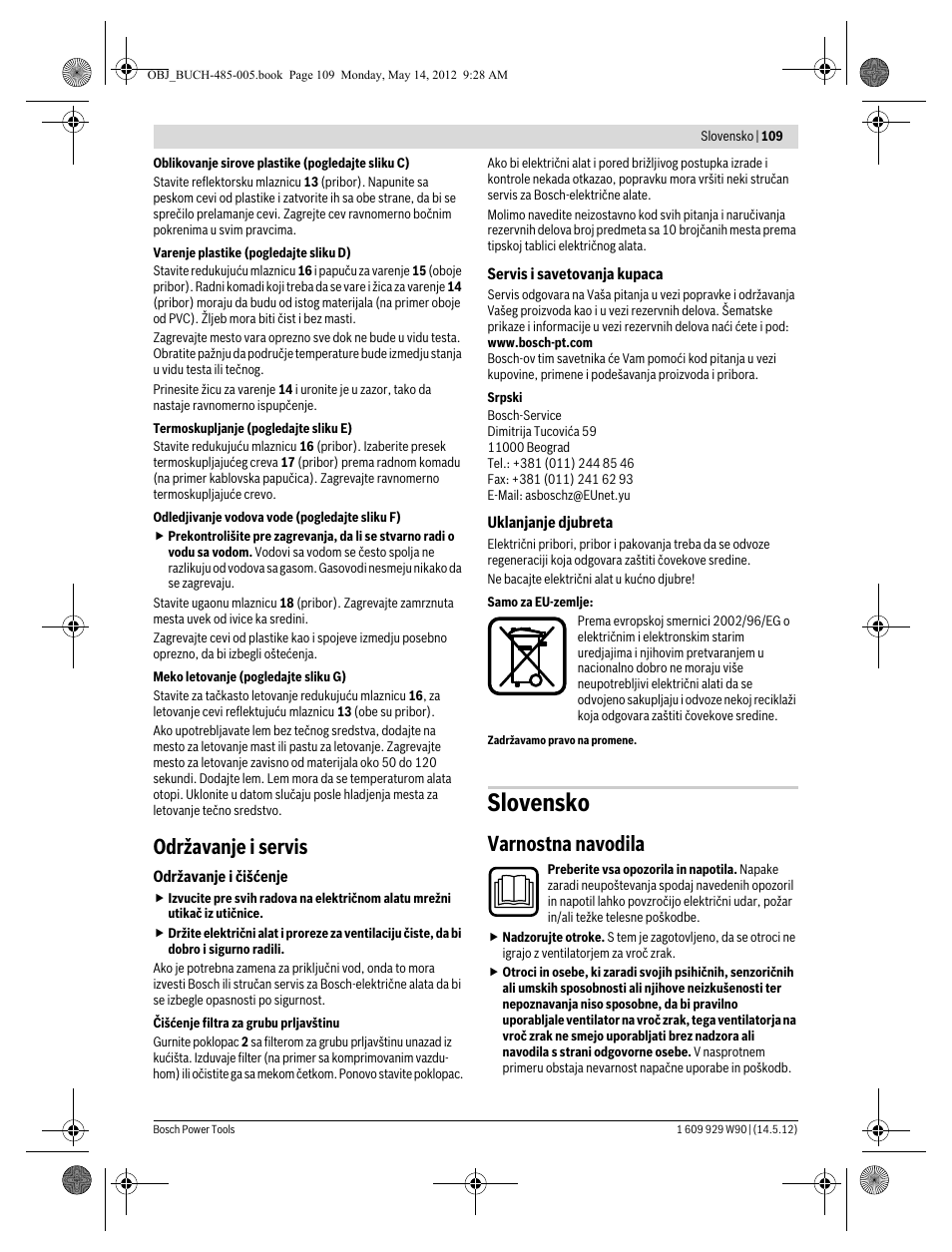 Slovensko, Održavanje i servis, Varnostna navodila | Bosch GHG 660 LCD Professional User Manual | Page 109 / 142