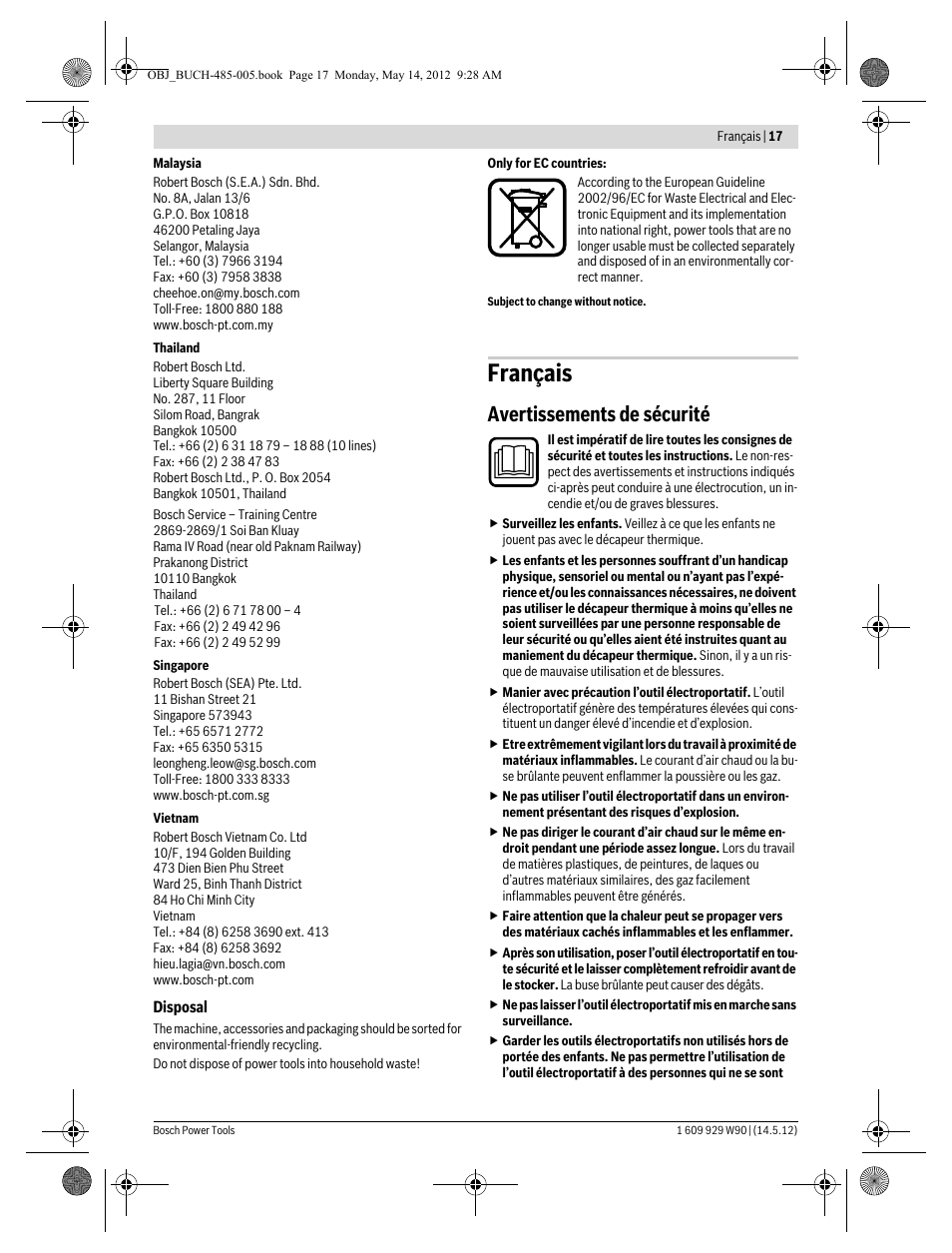 Français, Avertissements de sécurité | Bosch GHG 660 LCD Professional User Manual | Page 17 / 142