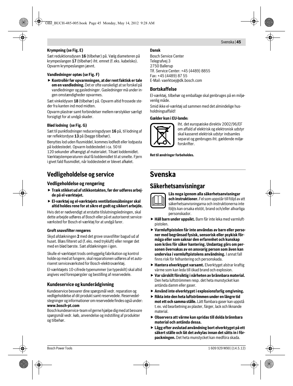 Svenska, Vedligeholdelse og service, Säkerhetsanvisningar | Bosch GHG 660 LCD Professional User Manual | Page 45 / 142