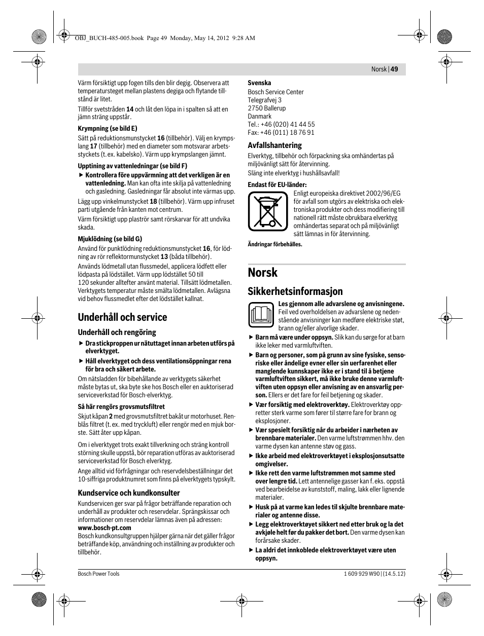 Norsk, Underhåll och service, Sikkerhetsinformasjon | Bosch GHG 660 LCD Professional User Manual | Page 49 / 142