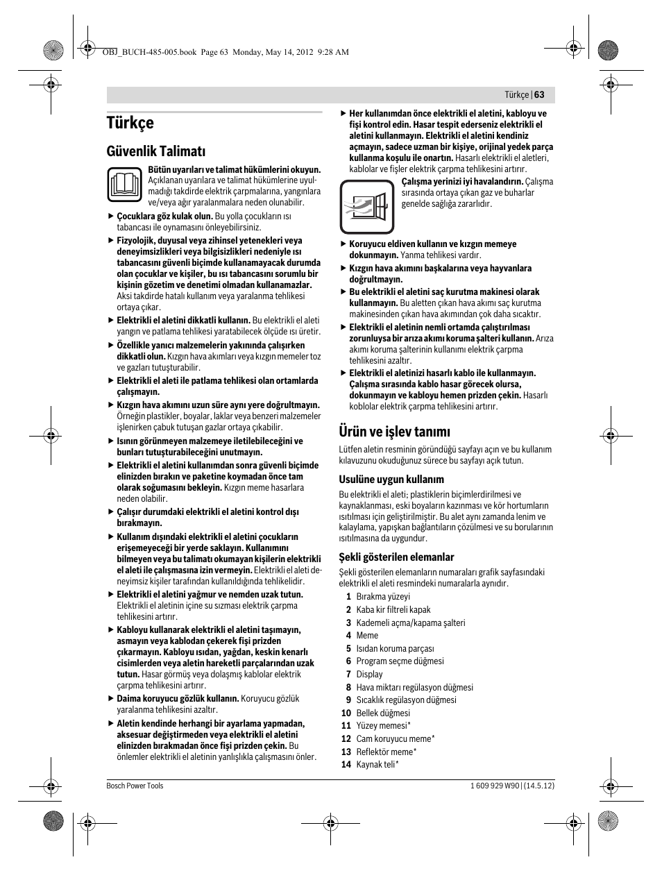 Türkçe, Güvenlik talimat, Ürün ve işlev tan m | Bosch GHG 660 LCD Professional User Manual | Page 63 / 142