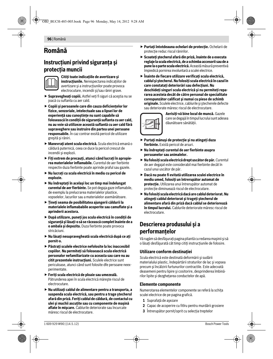 Română, Instrucţiuni privind siguranţa şi protecţia muncii, Descrierea produsului şi a performanţelor | Bosch GHG 660 LCD Professional User Manual | Page 96 / 142