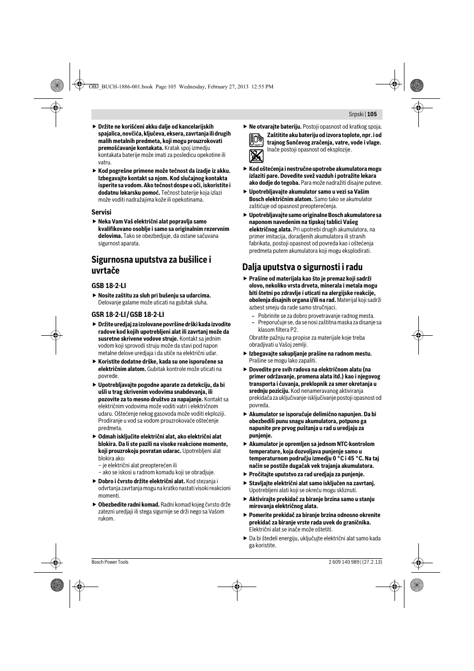Sigurnosna uputstva za bušilice i uvrtače, Dalja uputstva o sigurnosti i radu | Bosch GSR 18-2-LI Professional User Manual | Page 105 / 146