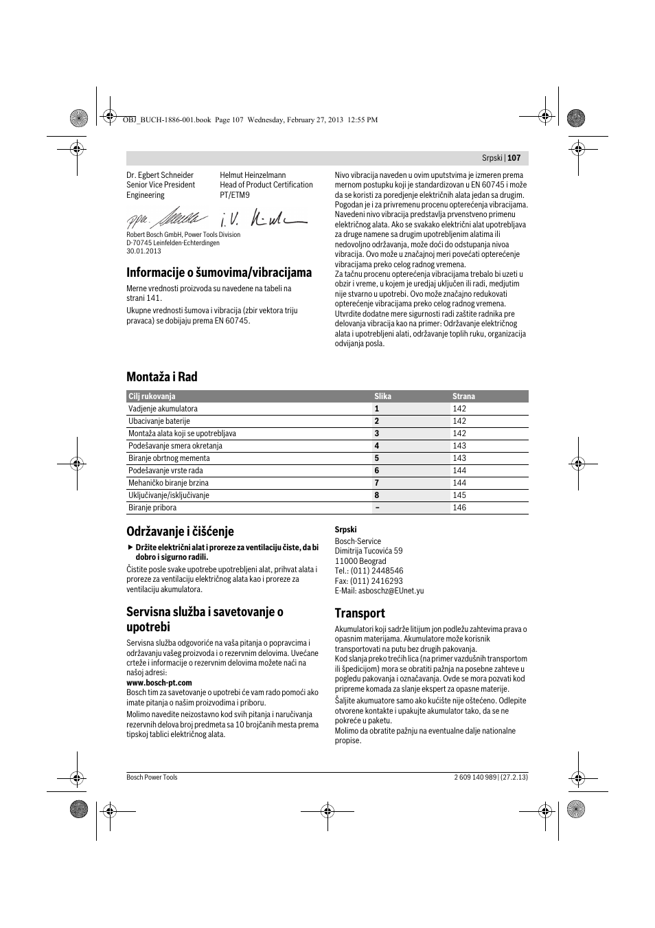 Informacije o šumovima/vibracijama, Montaža i rad održavanje i čišćenje, Servisna služba i savetovanje o upotrebi | Transport | Bosch GSR 18-2-LI Professional User Manual | Page 107 / 146