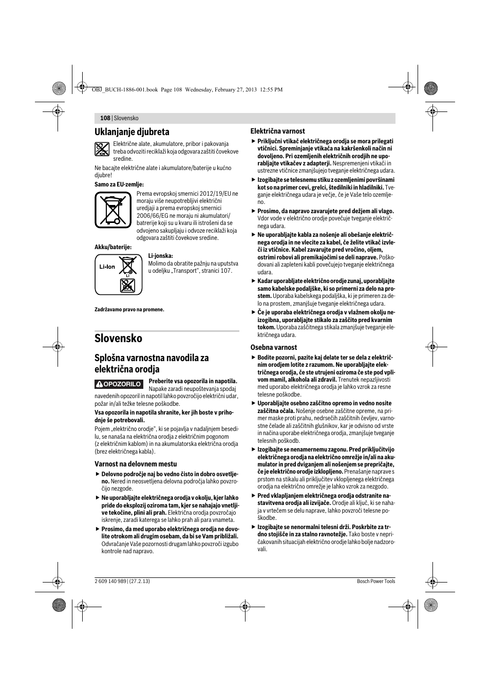 Slovensko, Uklanjanje djubreta, Splošna varnostna navodila za električna orodja | Bosch GSR 18-2-LI Professional User Manual | Page 108 / 146