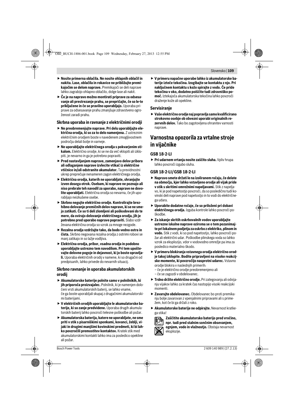 Varnostna opozorila za vrtalne stroje in vijačnike | Bosch GSR 18-2-LI Professional User Manual | Page 109 / 146