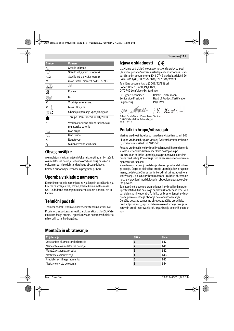 Obseg pošiljke, Uporaba v skladu z namenom, Tehnični podatki | Izjava o skladnosti, Podatki o hrupu/vibracijah, Montaža in obratovanje | Bosch GSR 18-2-LI Professional User Manual | Page 111 / 146