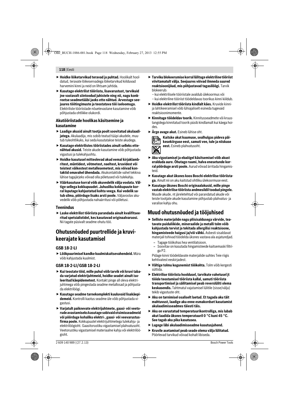 Muud ohutusnõuded ja tööjuhised | Bosch GSR 18-2-LI Professional User Manual | Page 118 / 146