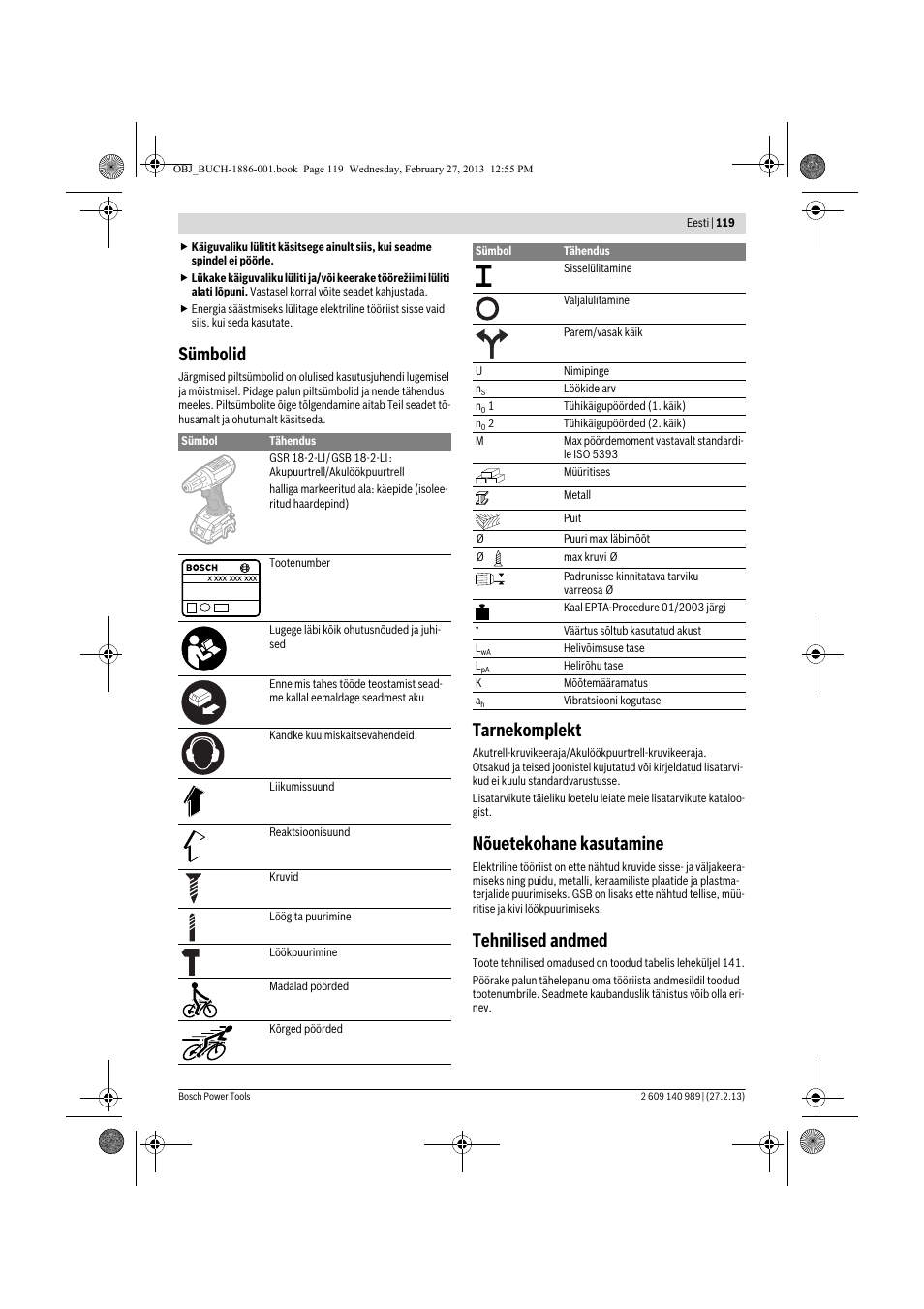 Sümbolid, Tarnekomplekt, Nõuetekohane kasutamine | Tehnilised andmed | Bosch GSR 18-2-LI Professional User Manual | Page 119 / 146