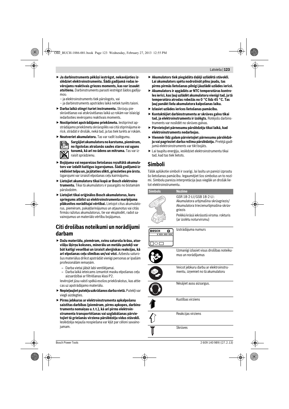 Simboli | Bosch GSR 18-2-LI Professional User Manual | Page 123 / 146