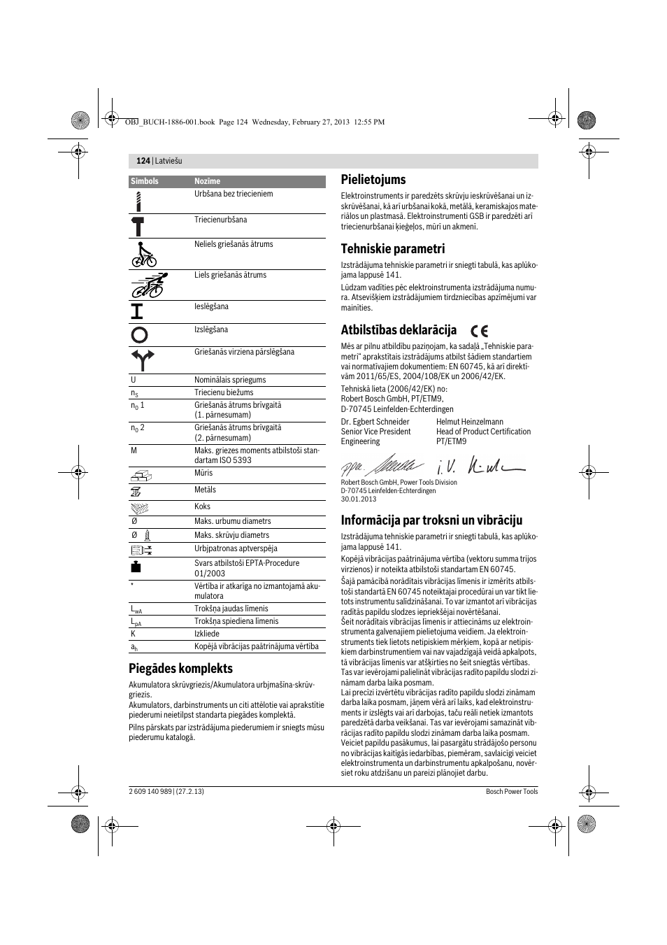 Piegādes komplekts, Pielietojums, Tehniskie parametri | Atbilstības deklarācija, Informācija par troksni un vibrāciju | Bosch GSR 18-2-LI Professional User Manual | Page 124 / 146