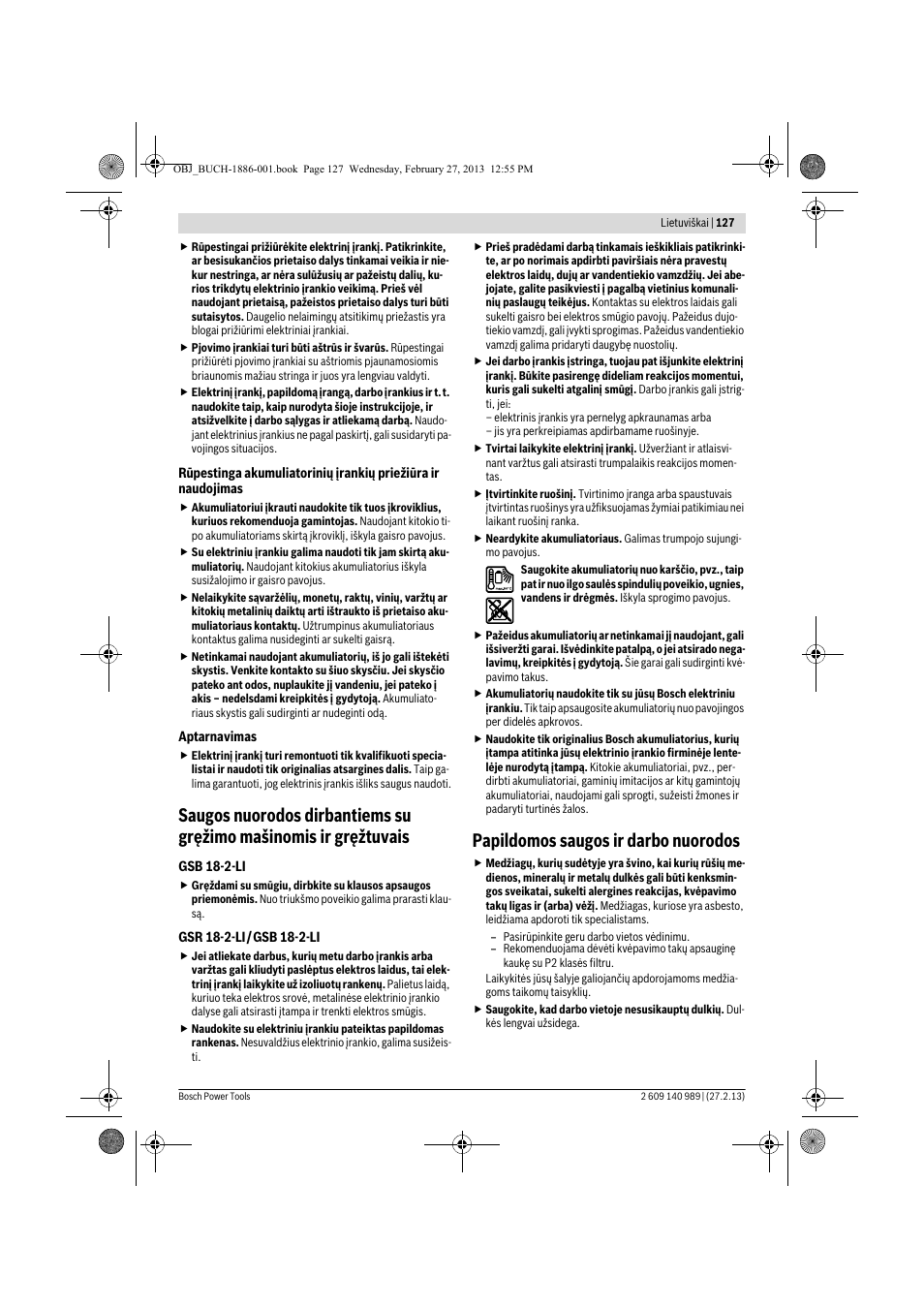 Papildomos saugos ir darbo nuorodos | Bosch GSR 18-2-LI Professional User Manual | Page 127 / 146