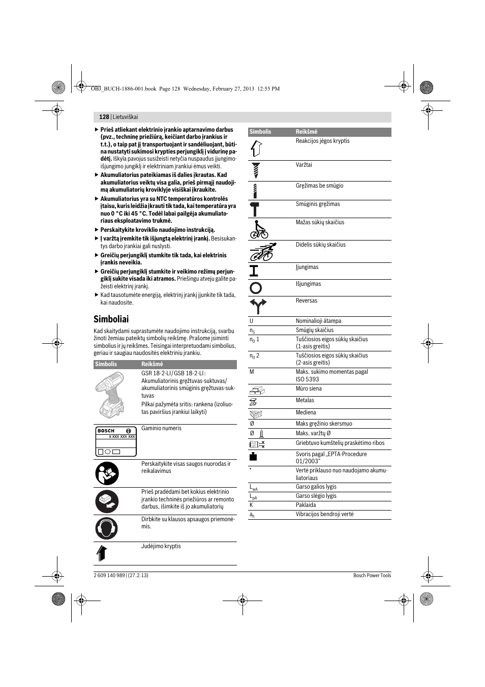 Simboliai | Bosch GSR 18-2-LI Professional User Manual | Page 128 / 146