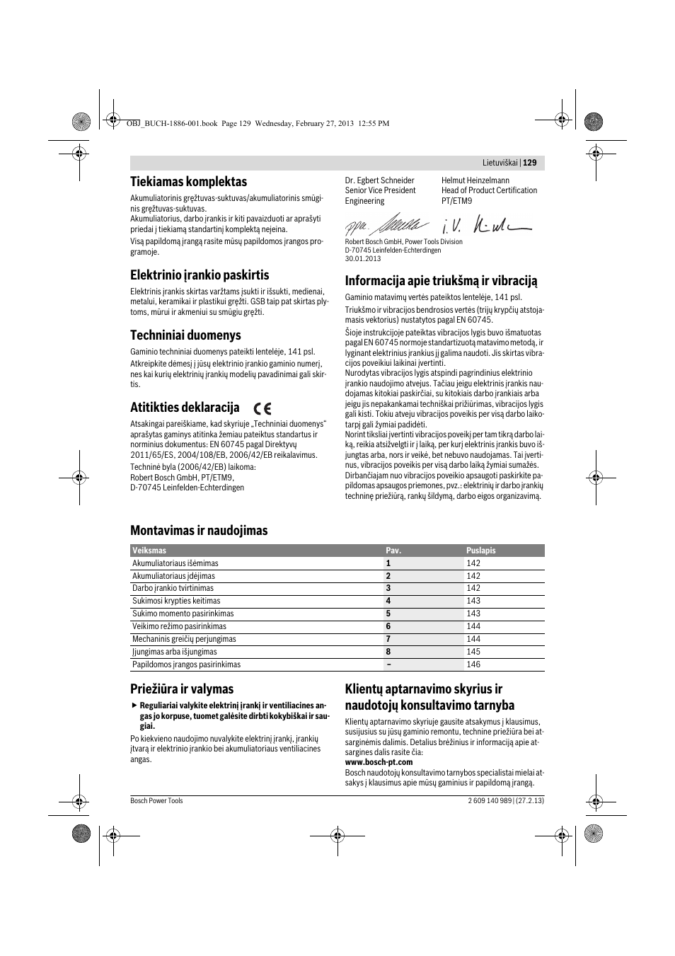 Tiekiamas komplektas, Elektrinio įrankio paskirtis, Techniniai duomenys | Atitikties deklaracija, Informacija apie triukšmą ir vibraciją, Montavimas ir naudojimas priežiūra ir valymas | Bosch GSR 18-2-LI Professional User Manual | Page 129 / 146