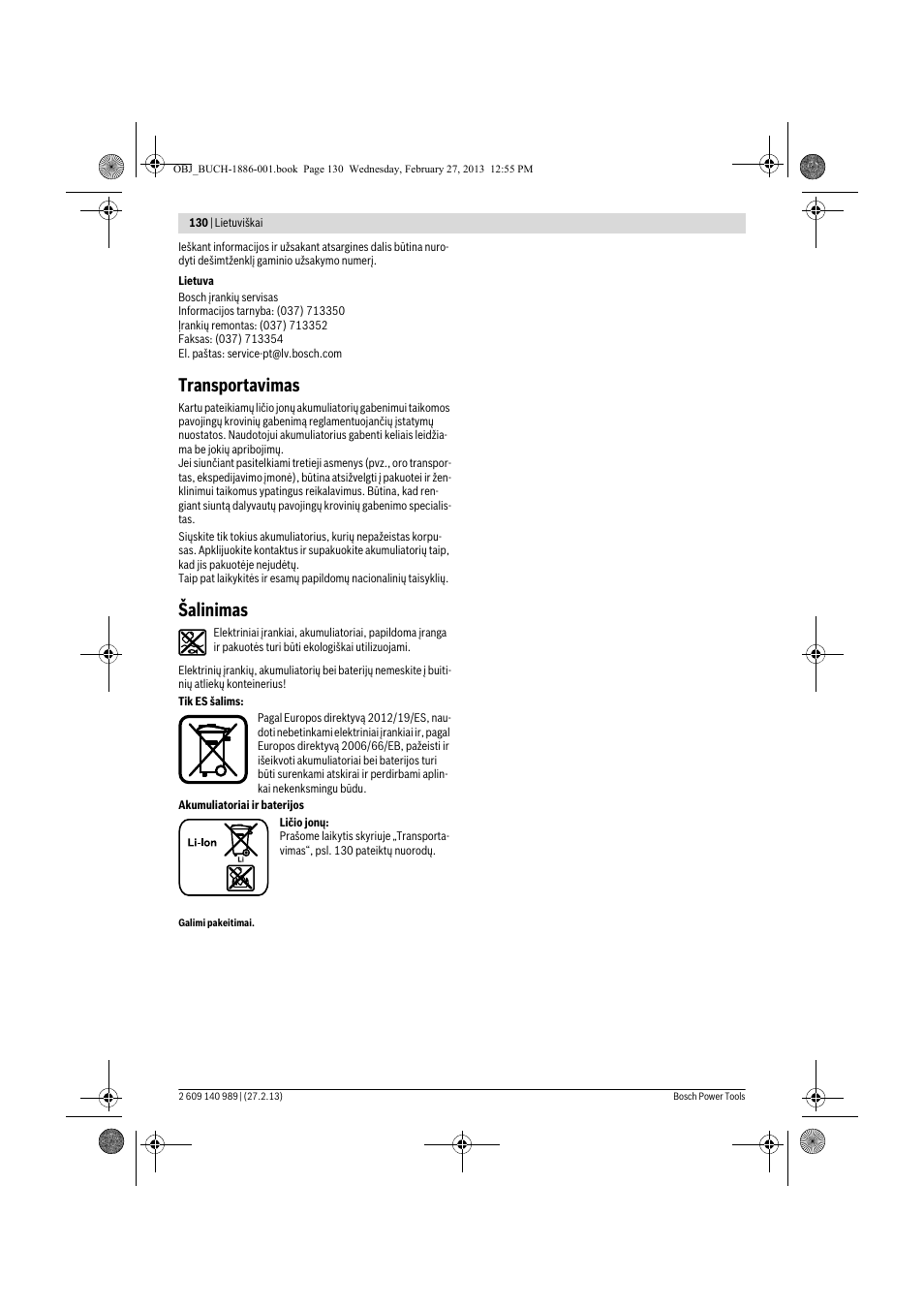 Transportavimas, Šalinimas | Bosch GSR 18-2-LI Professional User Manual | Page 130 / 146