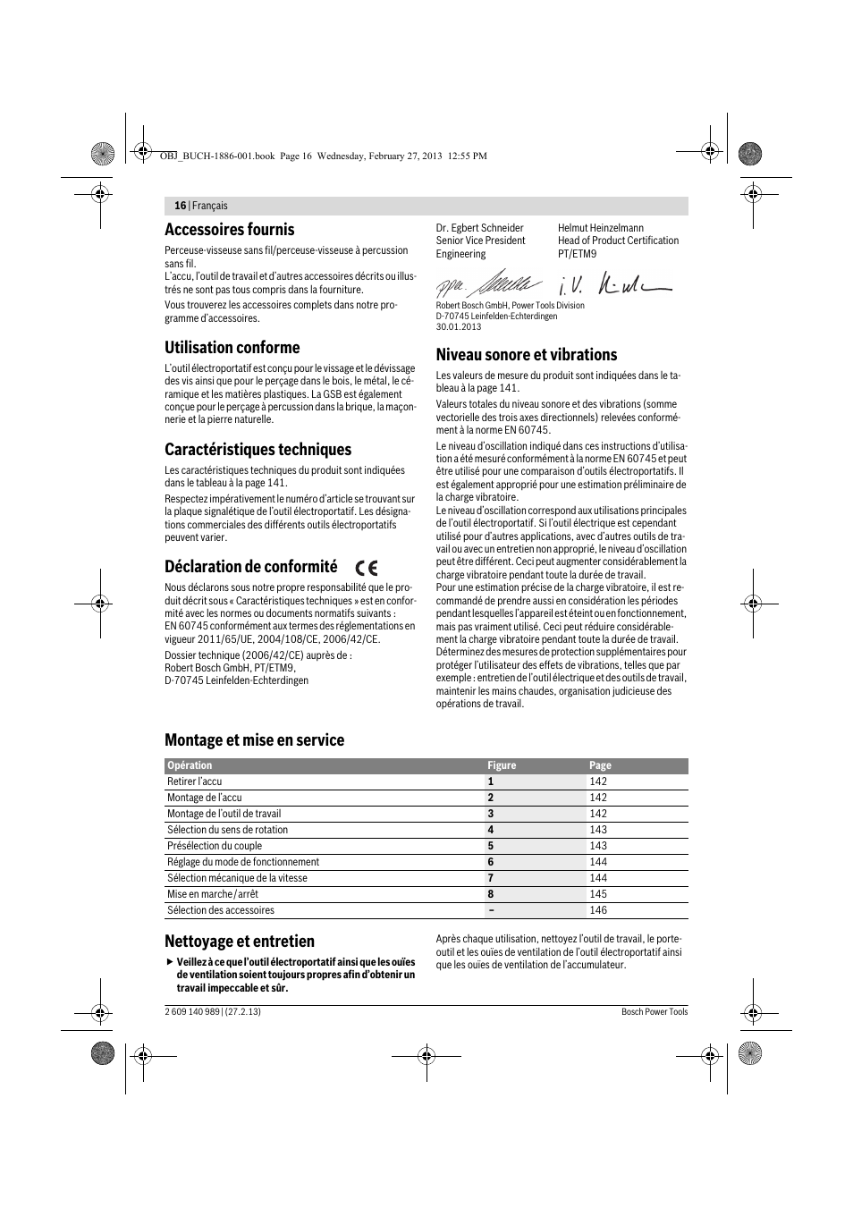 Accessoires fournis, Utilisation conforme, Caractéristiques techniques | Déclaration de conformité, Niveau sonore et vibrations, Montage et mise en service nettoyage et entretien | Bosch GSR 18-2-LI Professional User Manual | Page 16 / 146
