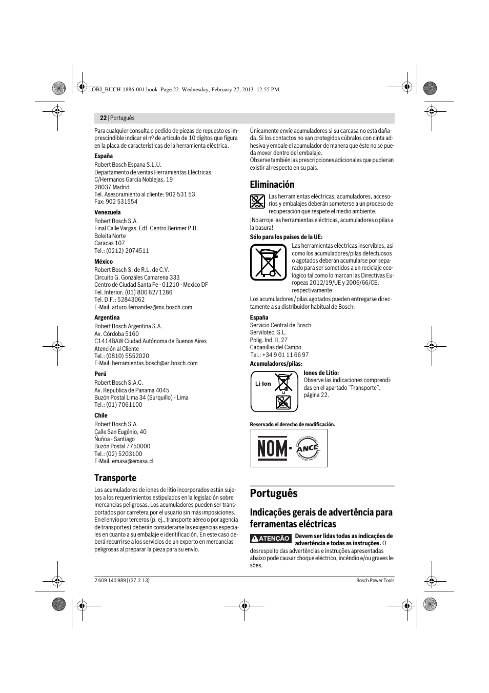 Português, Transporte, Eliminación | Bosch GSR 18-2-LI Professional User Manual | Page 22 / 146