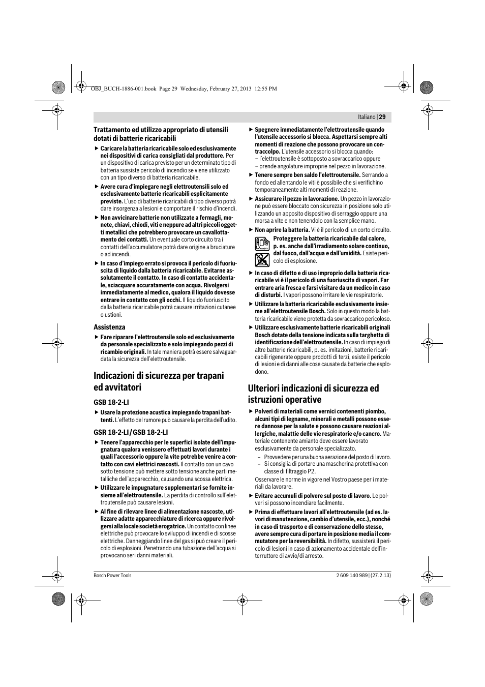Indicazioni di sicurezza per trapani ed avvitatori | Bosch GSR 18-2-LI Professional User Manual | Page 29 / 146