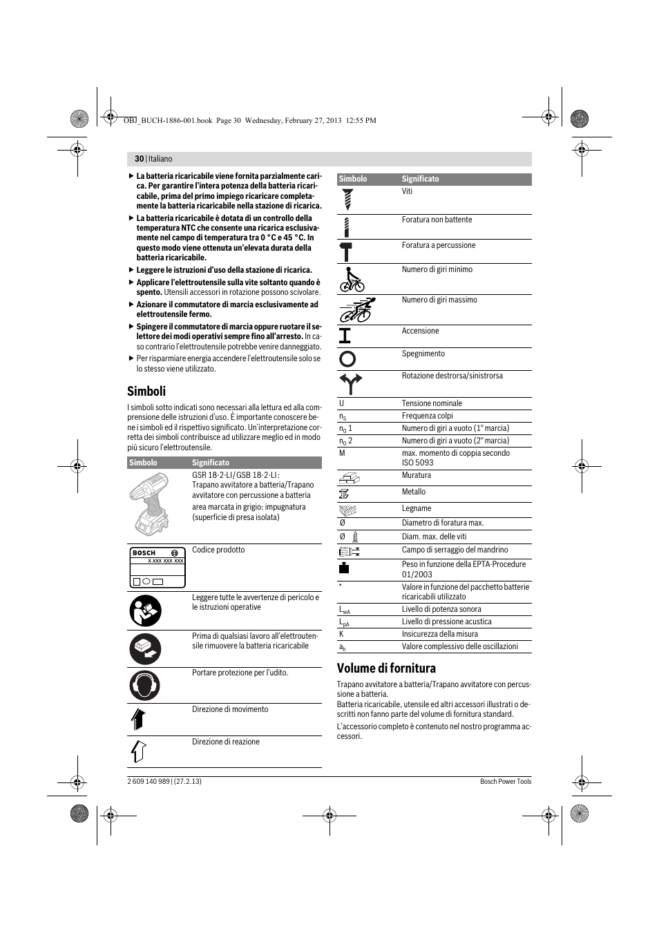 Simboli, Volume di fornitura | Bosch GSR 18-2-LI Professional User Manual | Page 30 / 146
