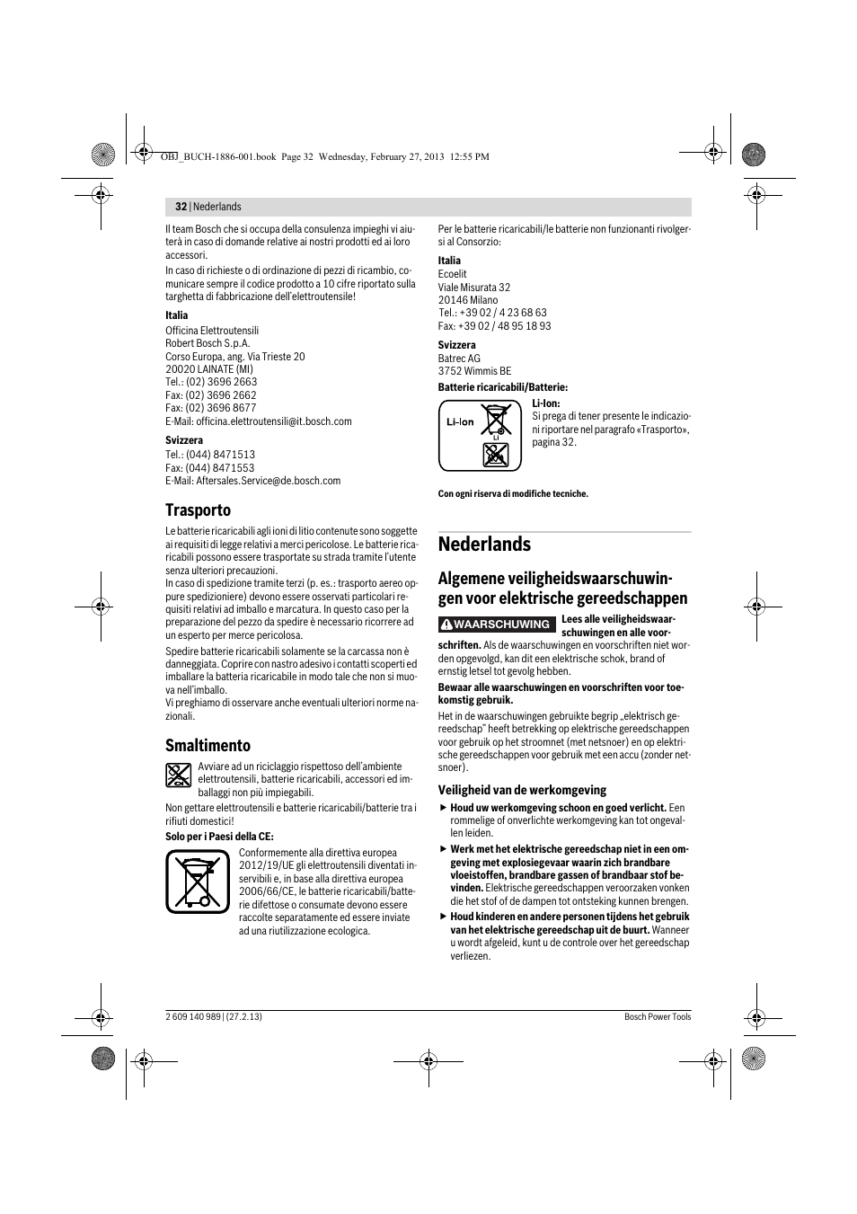 Nederlands, Trasporto, Smaltimento | Bosch GSR 18-2-LI Professional User Manual | Page 32 / 146