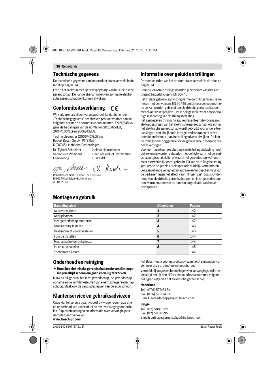 Technische gegevens, Conformiteitsverklaring, Informatie over geluid en trillingen | Montage en gebruik onderhoud en reiniging, Klantenservice en gebruiksadviezen | Bosch GSR 18-2-LI Professional User Manual | Page 36 / 146