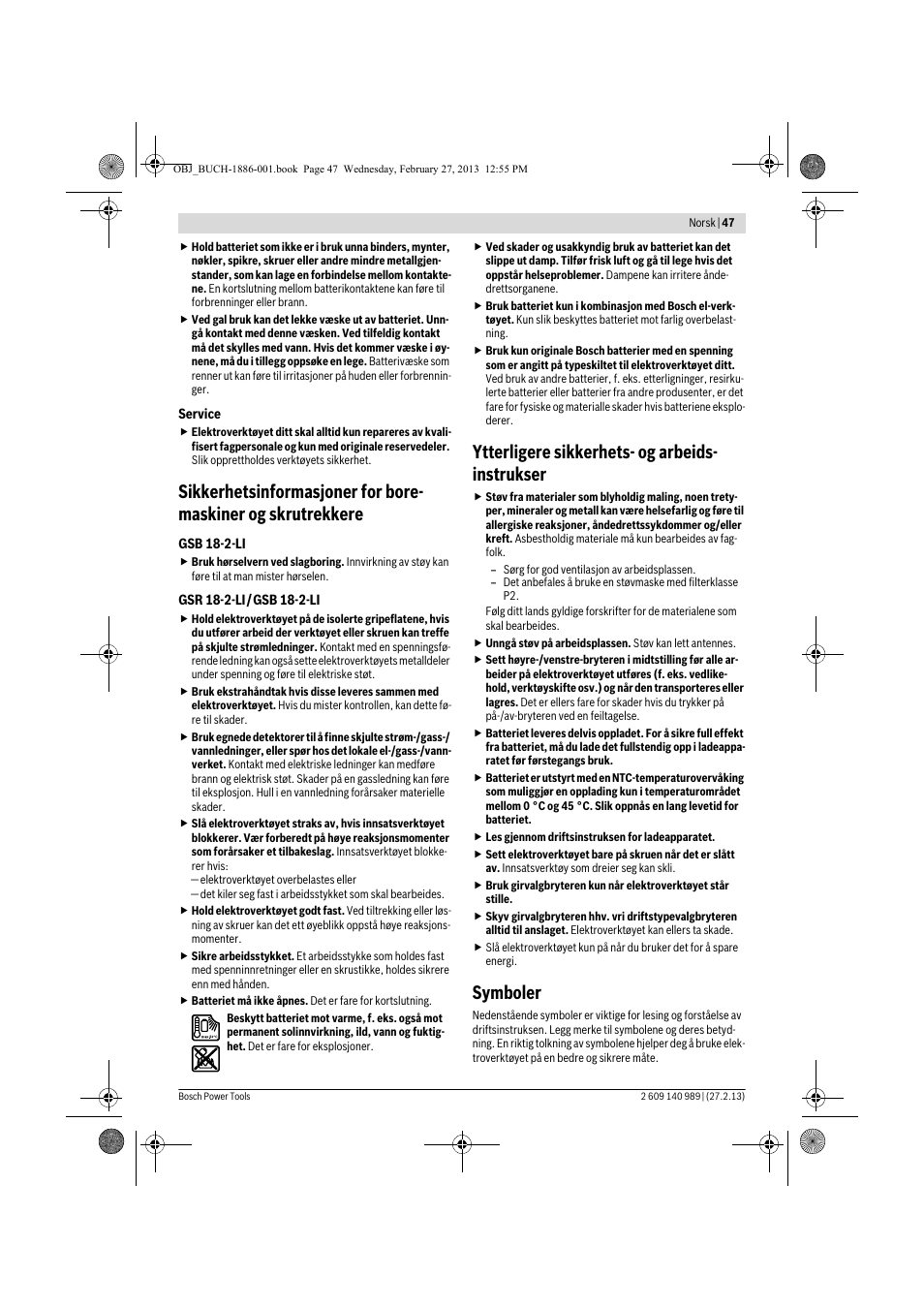 Ytterligere sikkerhets- og arbeids- instrukser, Symboler | Bosch GSR 18-2-LI Professional User Manual | Page 47 / 146