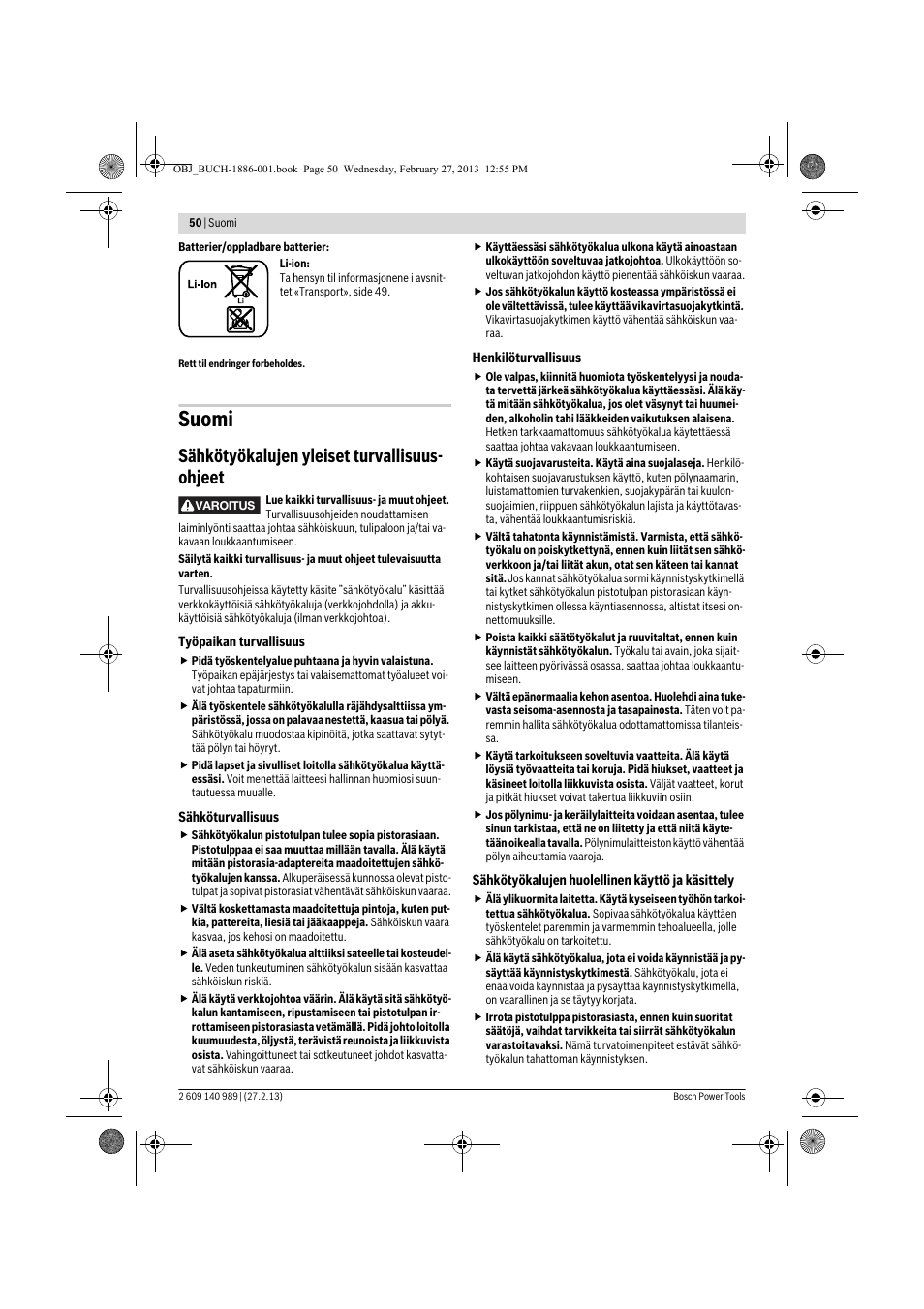 Suomi, Sähkötyökalujen yleiset turvallisuus- ohjeet | Bosch GSR 18-2-LI Professional User Manual | Page 50 / 146