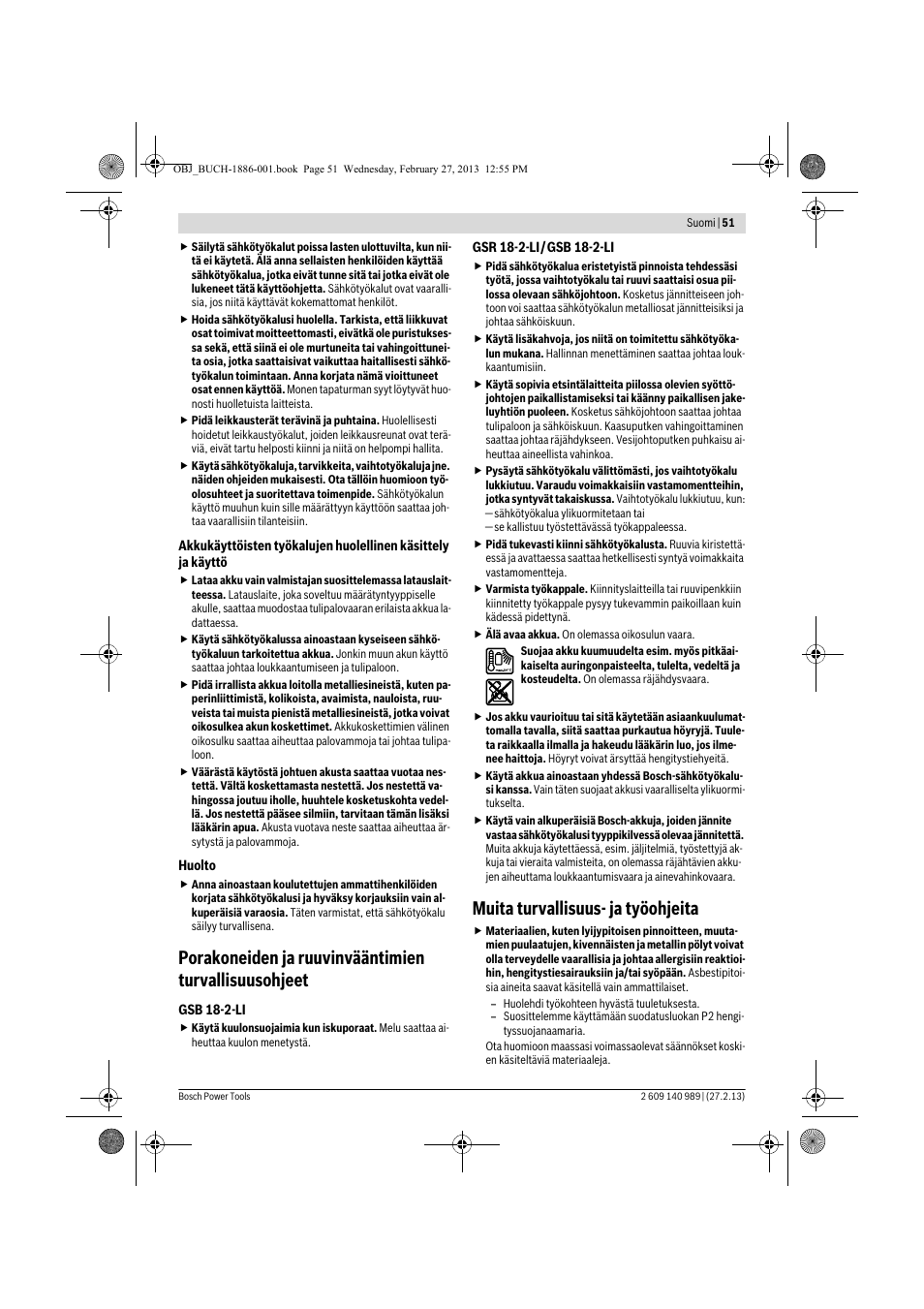 Muita turvallisuus- ja työohjeita | Bosch GSR 18-2-LI Professional User Manual | Page 51 / 146