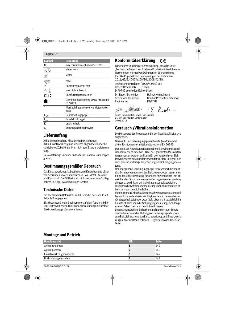 Lieferumfang, Bestimmungsgemäßer gebrauch, Technische daten | Konformitätserklärung, Geräusch-/vibrationsinformation, Montage und betrieb | Bosch GSR 18-2-LI Professional User Manual | Page 6 / 146