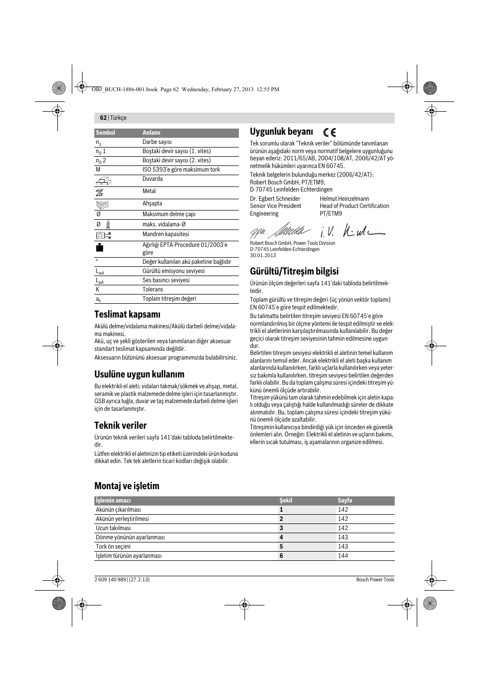 Teslimat kapsamı, Usulüne uygun kullanım, Teknik veriler | Uygunluk beyanı, Gürültü/titreşim bilgisi, Montaj ve işletim | Bosch GSR 18-2-LI Professional User Manual | Page 62 / 146