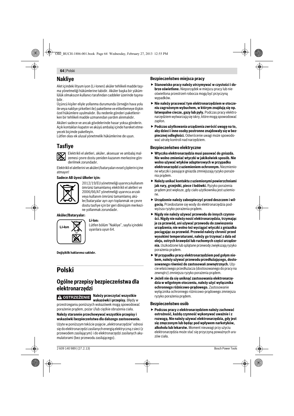 Polski, Nakliye, Tasfiye | Ogólne przepisy bezpieczeństwa dla elektronarzędzi | Bosch GSR 18-2-LI Professional User Manual | Page 64 / 146