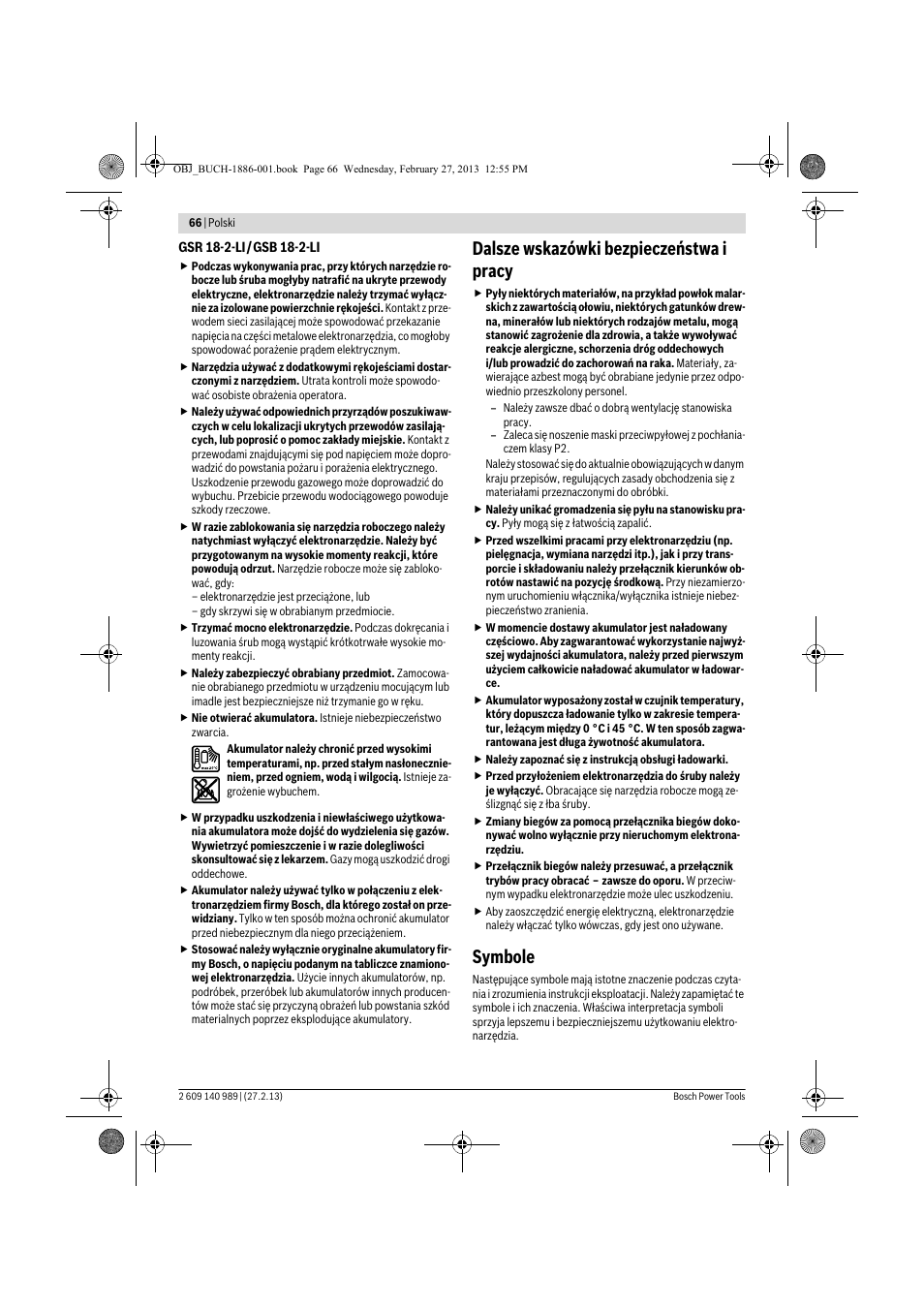 Dalsze wskazówki bezpieczeństwa i pracy, Symbole | Bosch GSR 18-2-LI Professional User Manual | Page 66 / 146