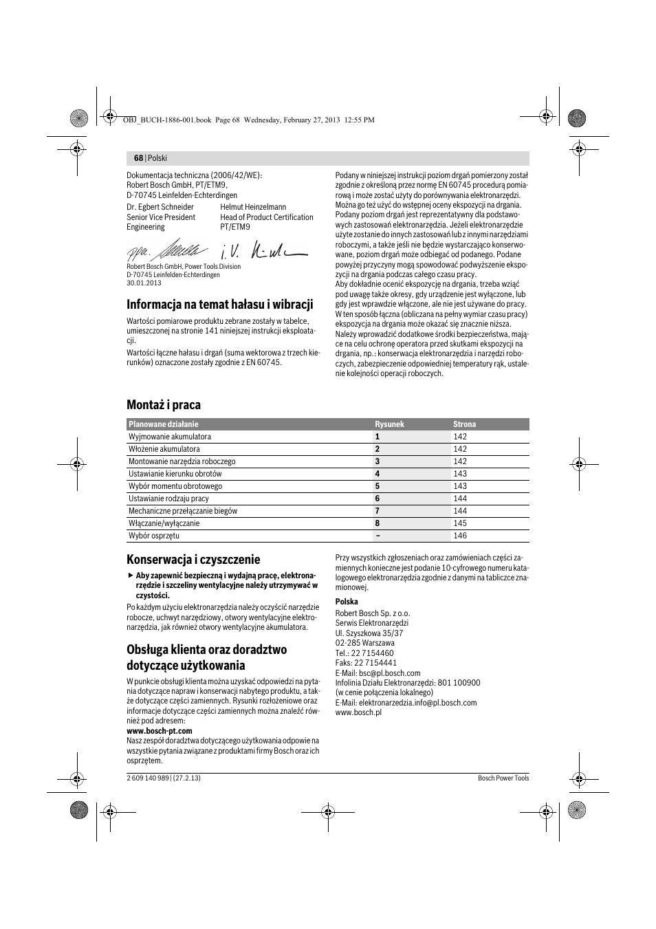 Informacja na temat hałasu i wibracji, Montaż i praca konserwacja i czyszczenie | Bosch GSR 18-2-LI Professional User Manual | Page 68 / 146