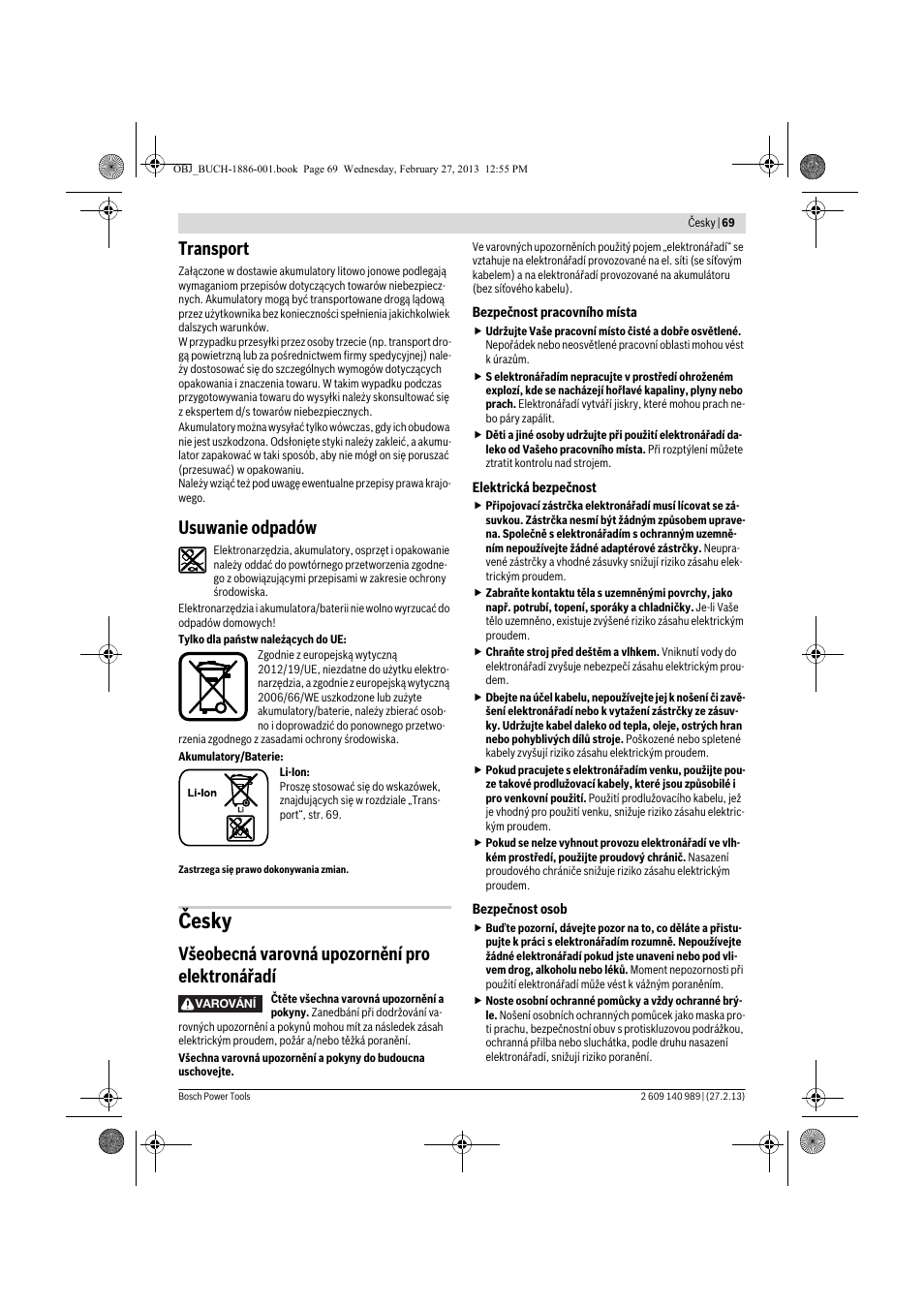 Česky, Transport, Usuwanie odpadów | Všeobecná varovná upozornění pro elektronářadí | Bosch GSR 18-2-LI Professional User Manual | Page 69 / 146