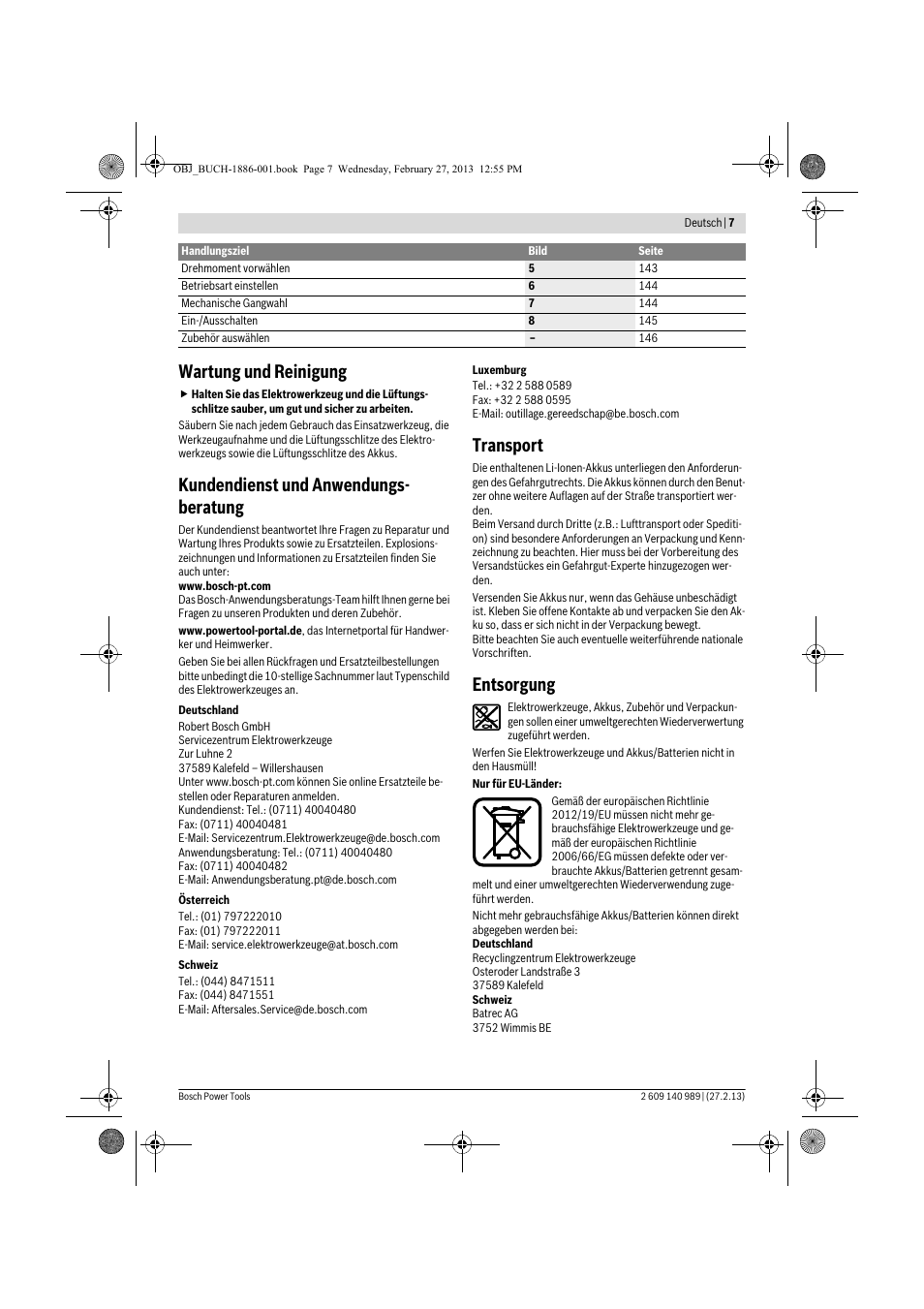 Wartung und reinigung, Kundendienst und anwendungs- beratung, Transport | Entsorgung | Bosch GSR 18-2-LI Professional User Manual | Page 7 / 146