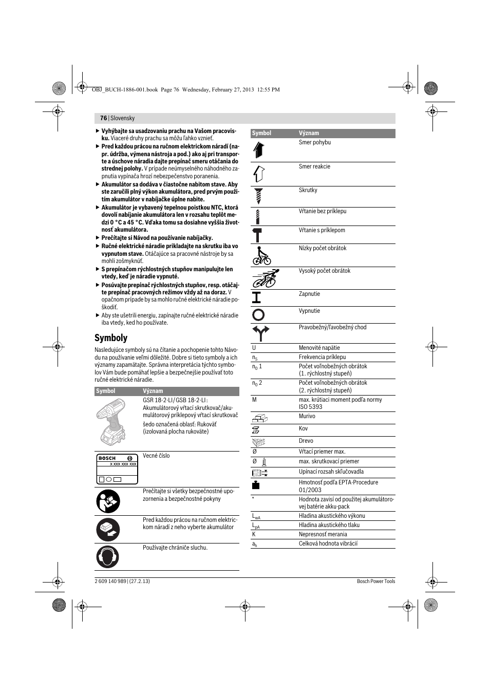 Symboly | Bosch GSR 18-2-LI Professional User Manual | Page 76 / 146