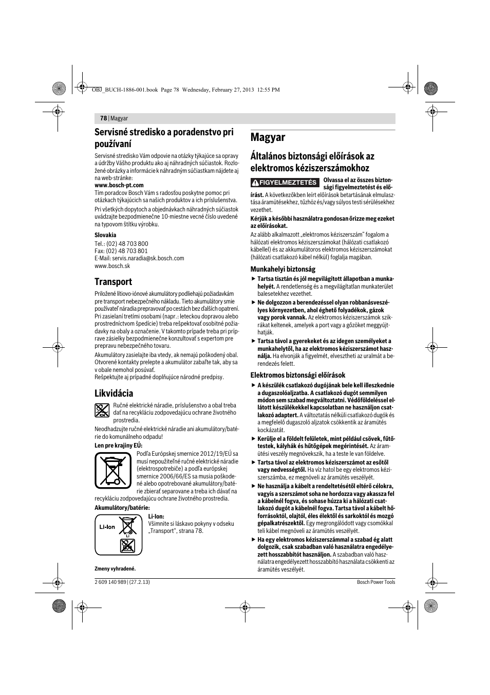 Magyar, Servisné stredisko a poradenstvo pri používaní, Transport | Likvidácia | Bosch GSR 18-2-LI Professional User Manual | Page 78 / 146