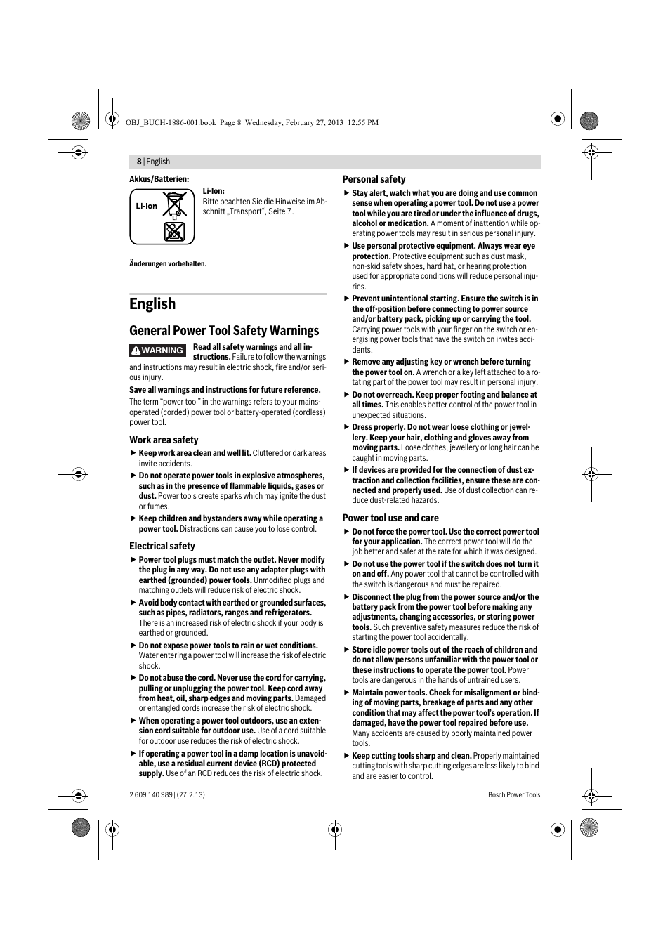 English, General power tool safety warnings | Bosch GSR 18-2-LI Professional User Manual | Page 8 / 146