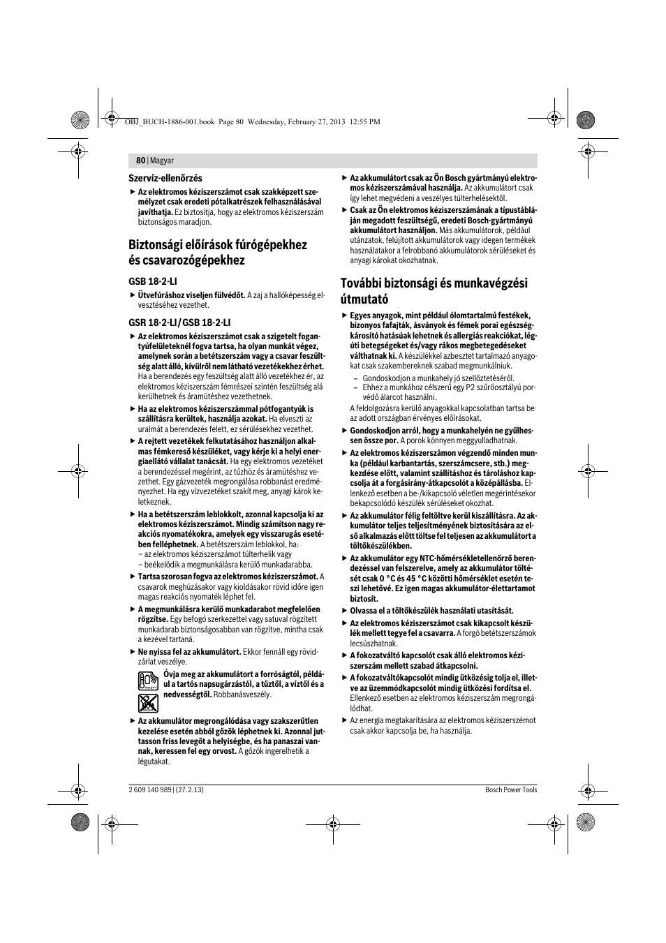 További biztonsági és munkavégzési útmutató | Bosch GSR 18-2-LI Professional User Manual | Page 80 / 146