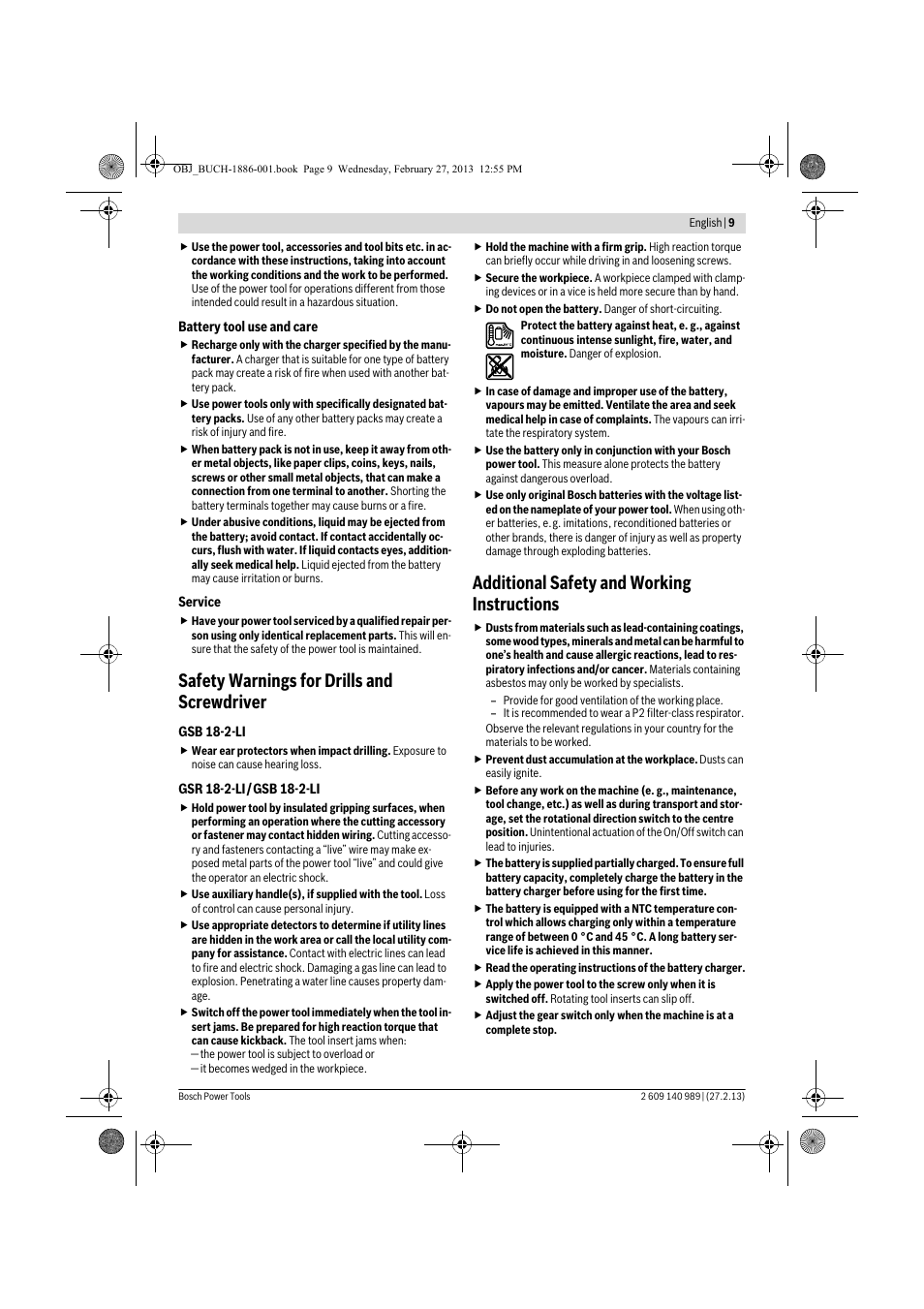 Safety warnings for drills and screwdriver, Additional safety and working instructions | Bosch GSR 18-2-LI Professional User Manual | Page 9 / 146