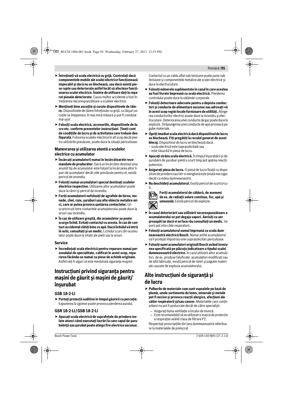 Alte instrucţiuni de siguranţă şi de lucru | Bosch GSR 18-2-LI Professional User Manual | Page 95 / 146
