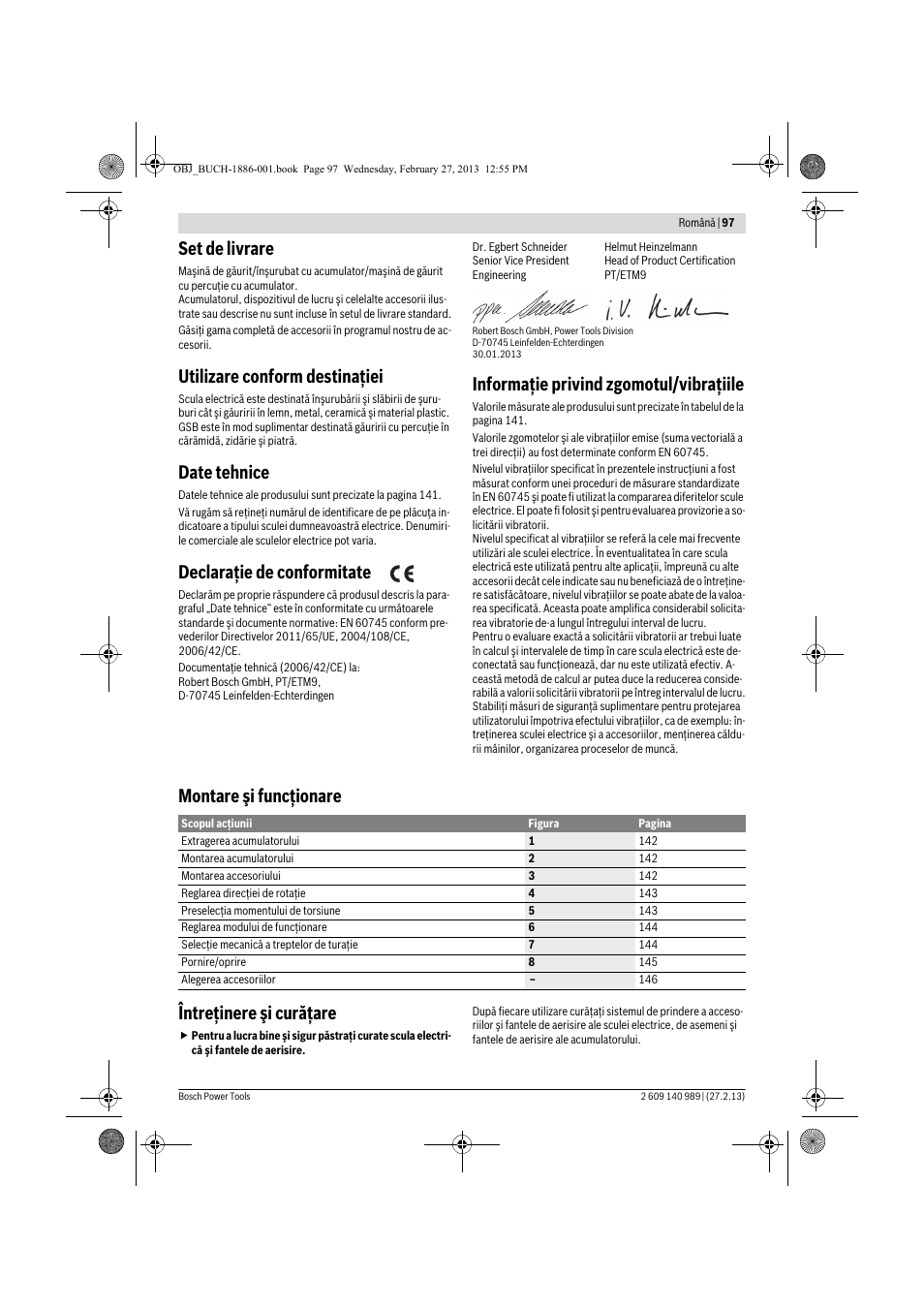 Set de livrare, Utilizare conform destinaţiei, Date tehnice | Declaraţie de conformitate, Informaţie privind zgomotul/vibraţiile, Montare şi funcţionare întreţinere şi curăţare | Bosch GSR 18-2-LI Professional User Manual | Page 97 / 146