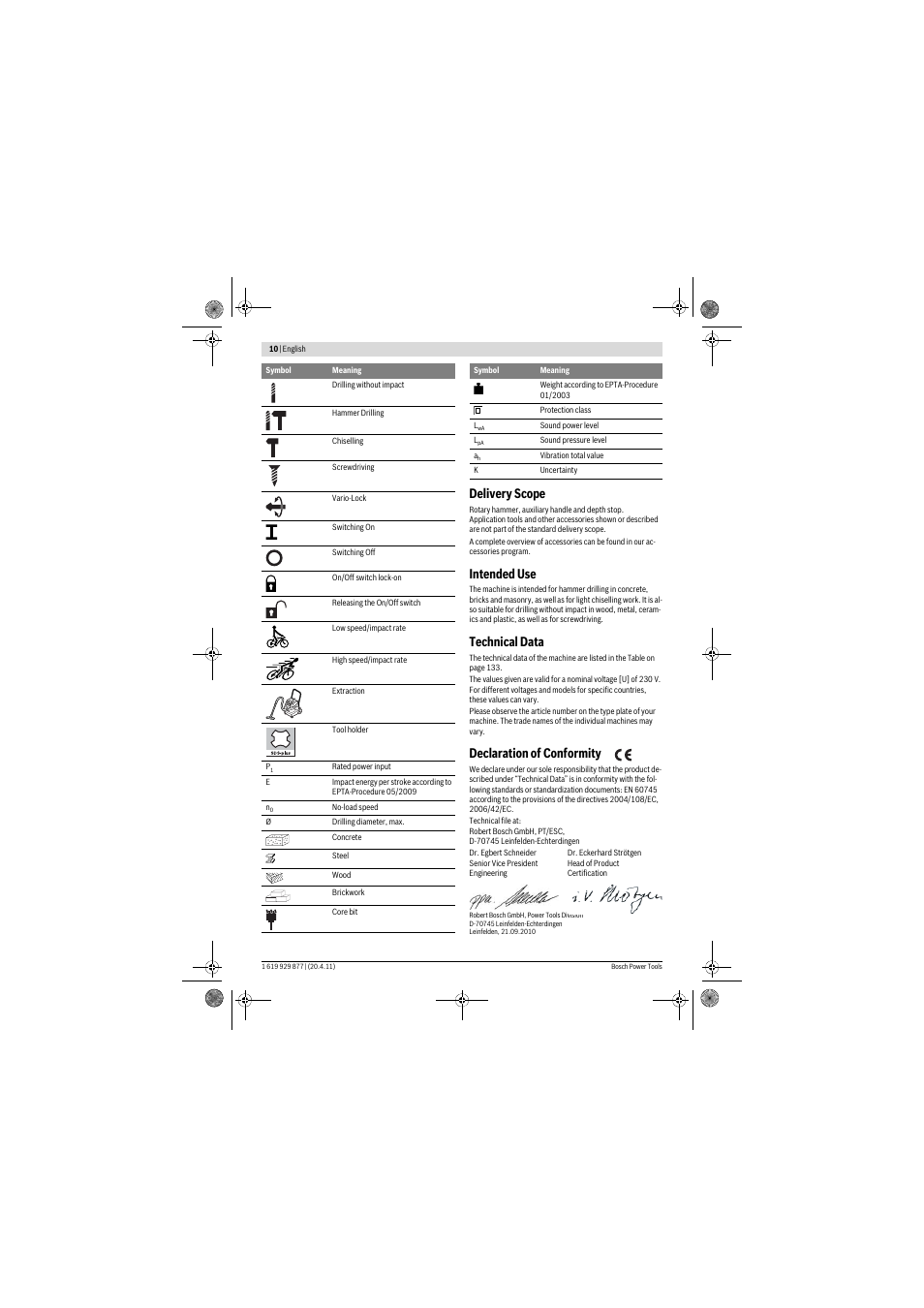 Delivery scope, Intended use, Technical data | Declaration of conformity | Bosch GBH 2-28 DFV Professional User Manual | Page 10 / 142
