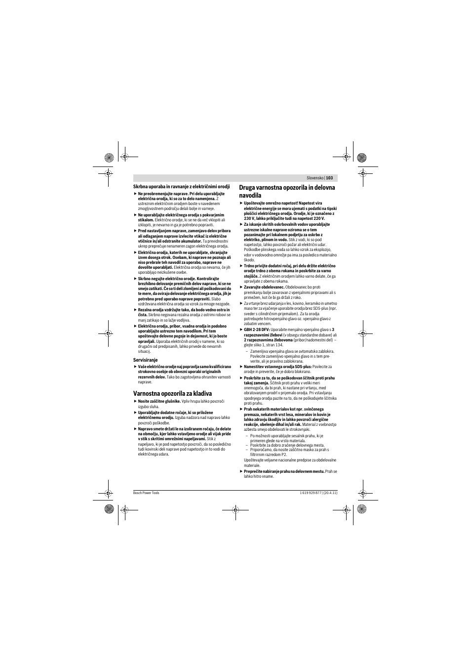 Varnostna opozorila za kladiva, Druga varnostna opozorila in delovna navodila | Bosch GBH 2-28 DFV Professional User Manual | Page 103 / 142