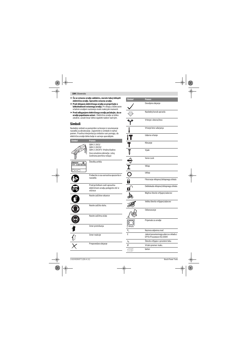 Simboli | Bosch GBH 2-28 DFV Professional User Manual | Page 104 / 142