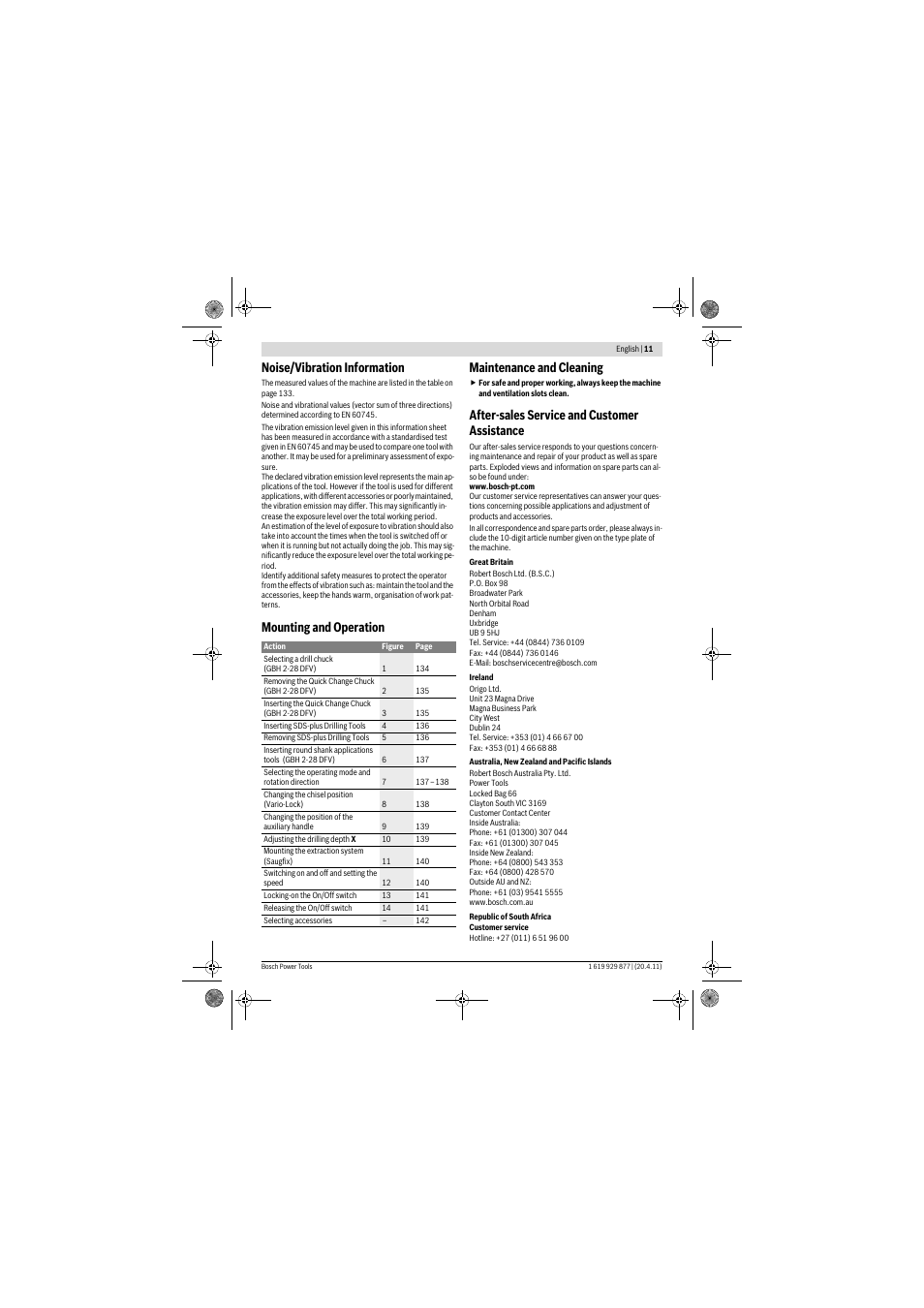 Noise/vibration information, Mounting and operation maintenance and cleaning, After-sales service and customer assistance | Bosch GBH 2-28 DFV Professional User Manual | Page 11 / 142