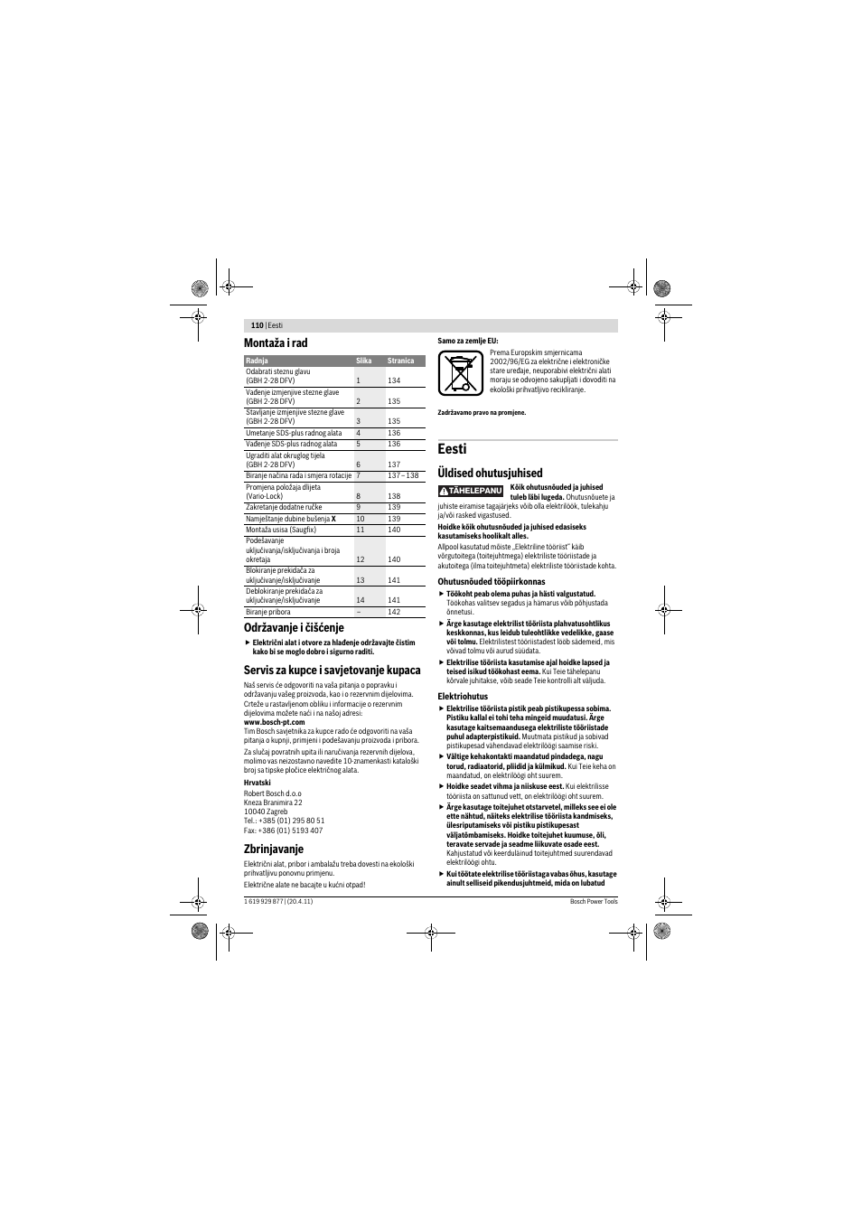 Eesti, Montaža i rad održavanje i čišćenje, Servis za kupce i savjetovanje kupaca | Zbrinjavanje, Üldised ohutusjuhised | Bosch GBH 2-28 DFV Professional User Manual | Page 110 / 142