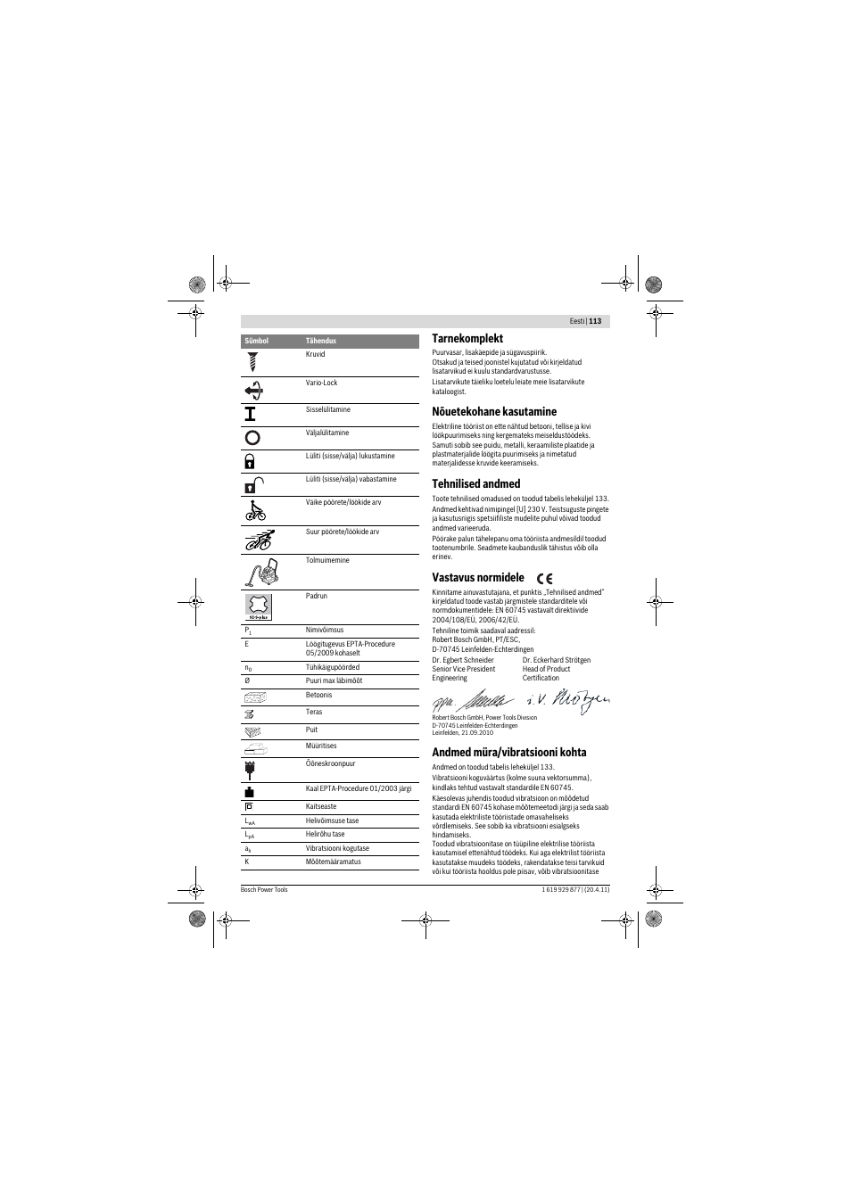 Tarnekomplekt, Nõuetekohane kasutamine, Tehnilised andmed | Vastavus normidele, Andmed müra/vibratsiooni kohta | Bosch GBH 2-28 DFV Professional User Manual | Page 113 / 142