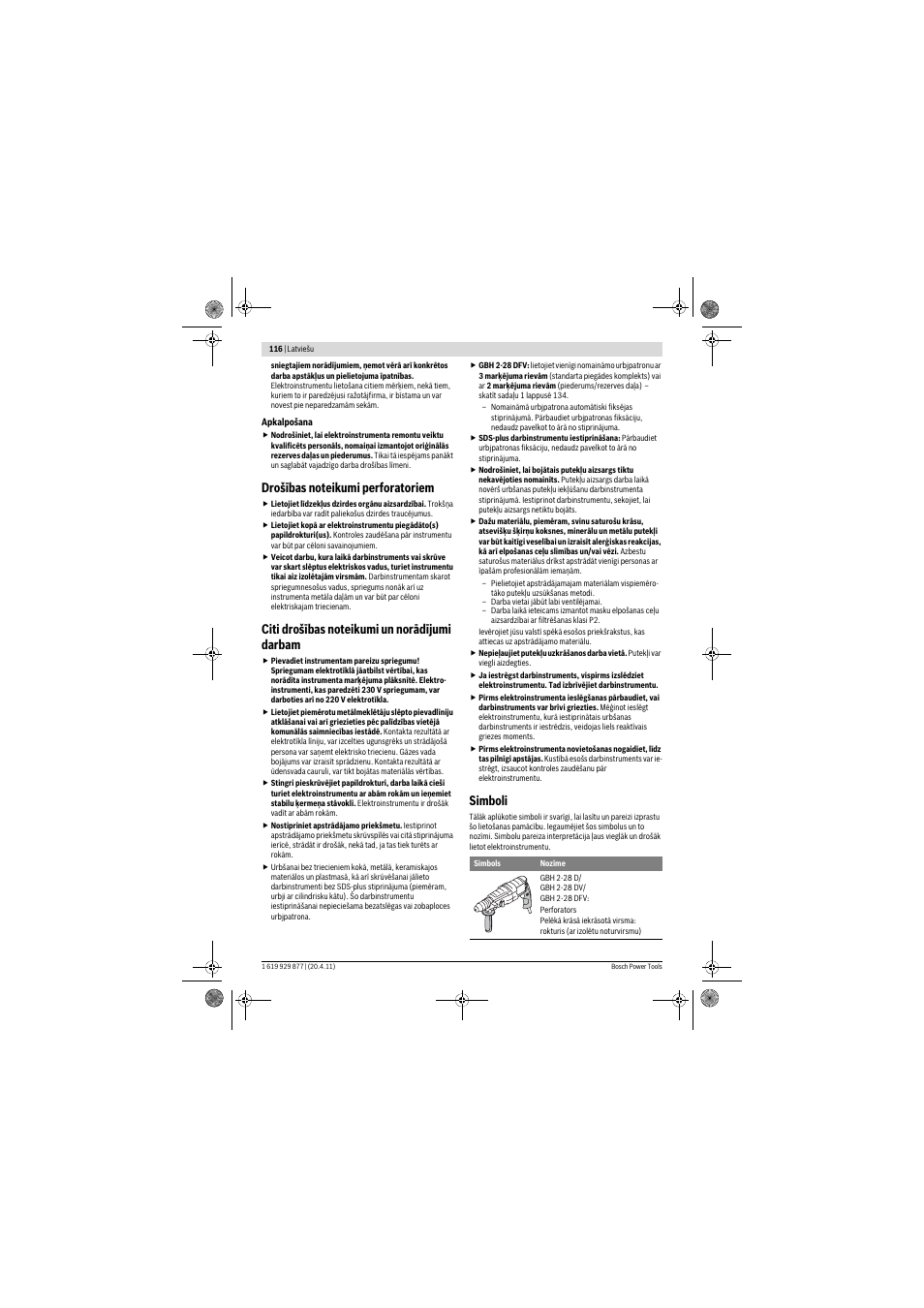 Simboli | Bosch GBH 2-28 DFV Professional User Manual | Page 116 / 142