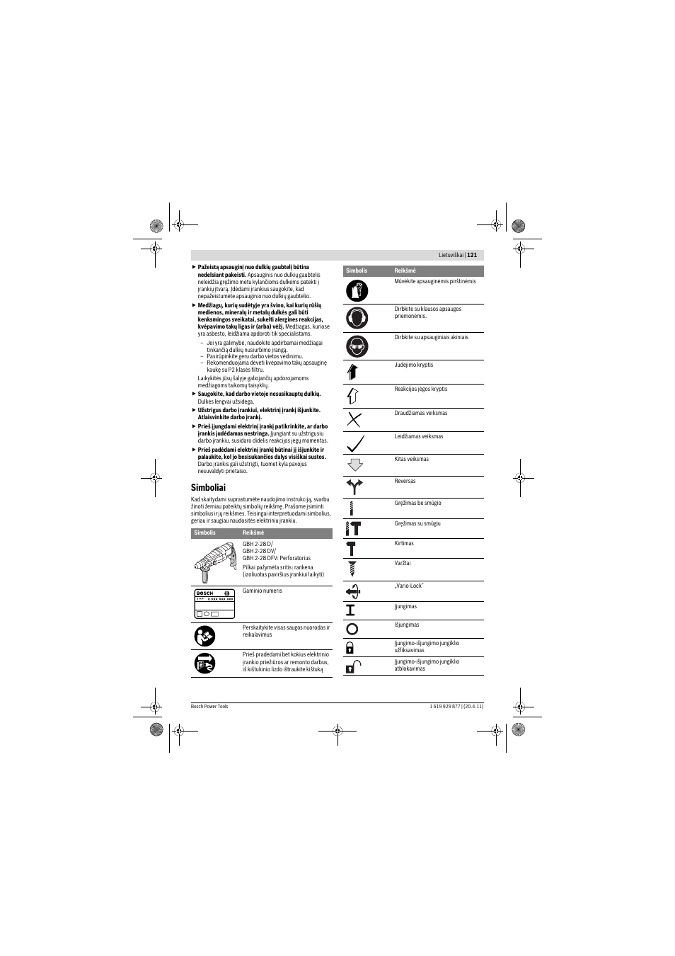 Simboliai | Bosch GBH 2-28 DFV Professional User Manual | Page 121 / 142